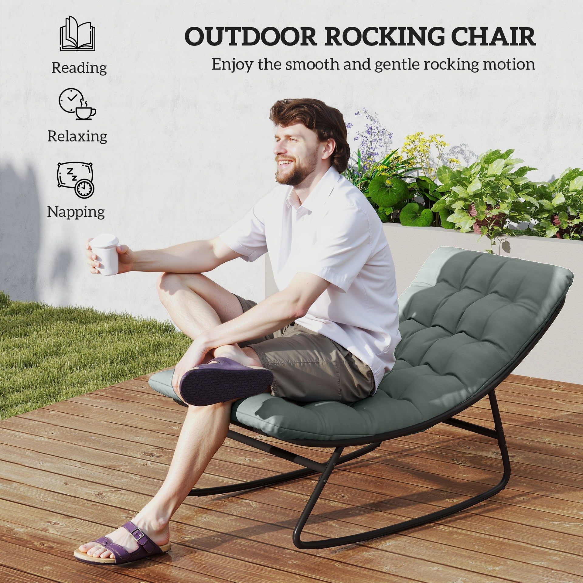 Outsunny 2 Pieces Outdoor Patio Rocking Chairs, Rocking Porch Chairs with Mesh Deep Seats for Indoor, Porch, Balcony, Dark Gray