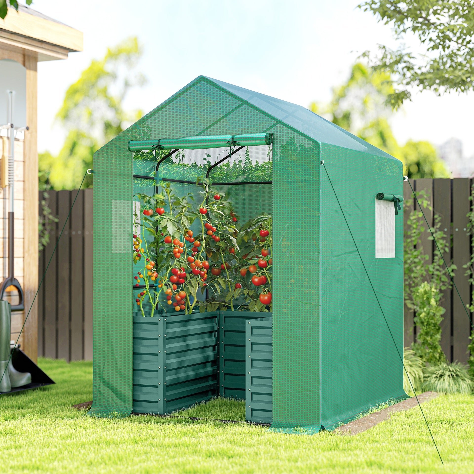 Outsunny Greenhouse with Raised Garden Bed, Galvanized Steel Outdoor Greenhouse with Roll Up Door, 56" x 56" x 75", Green