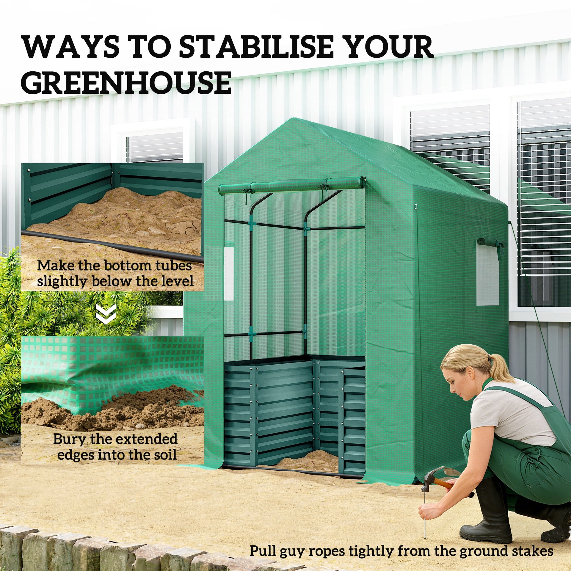 Outsunny Greenhouse with Raised Garden Bed, Galvanized Steel Outdoor Greenhouse with Roll Up Door, 56" x 56" x 75", Green