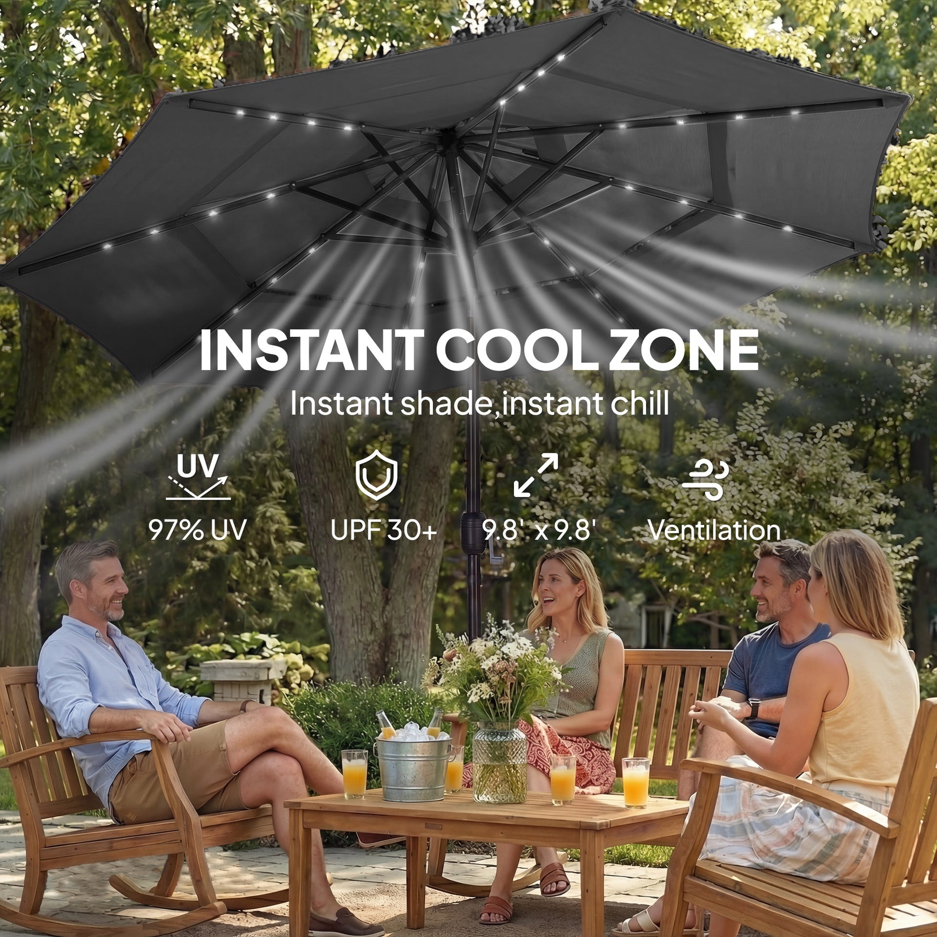 Outsunny 9.7 ft Outdoor Patio Umbrella with Solar LED Lights, 3 Tier Outdoor Table Umbrella with Tilt, Crank, Black