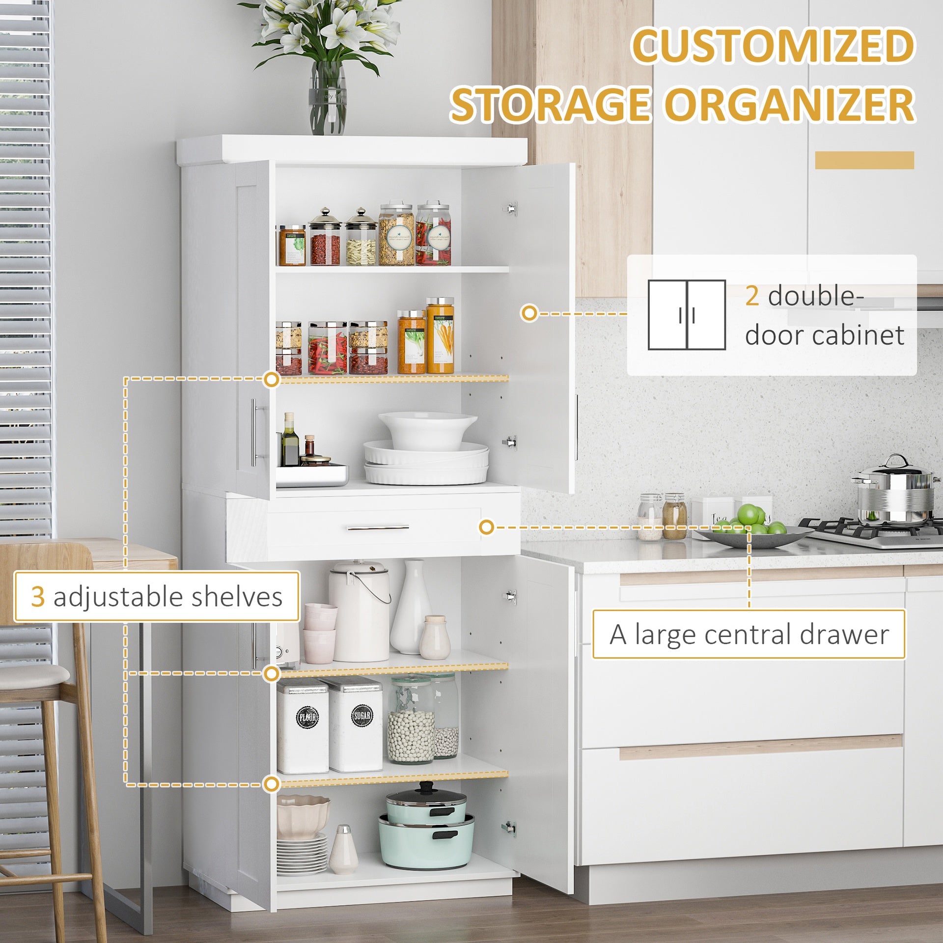 HOMCOM White Pantry Cabinet with Adjustable Shelving for Kitchen, Perfect for Family, White