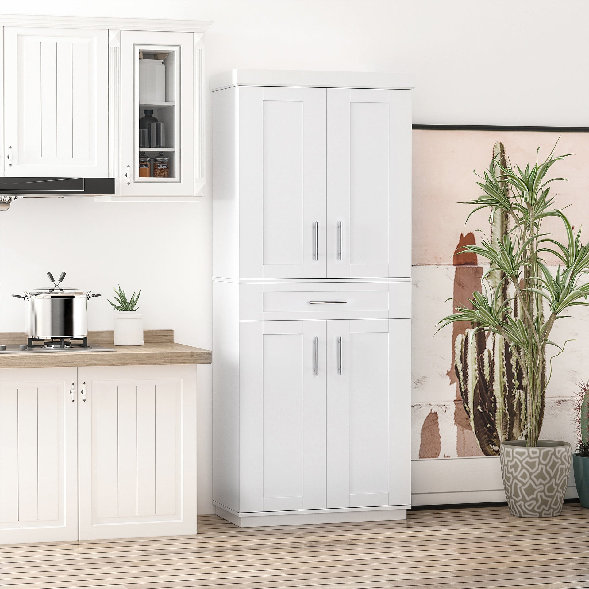 HOMCOM White Pantry Cabinet with Adjustable Shelving for Kitchen, Perfect for Family, White