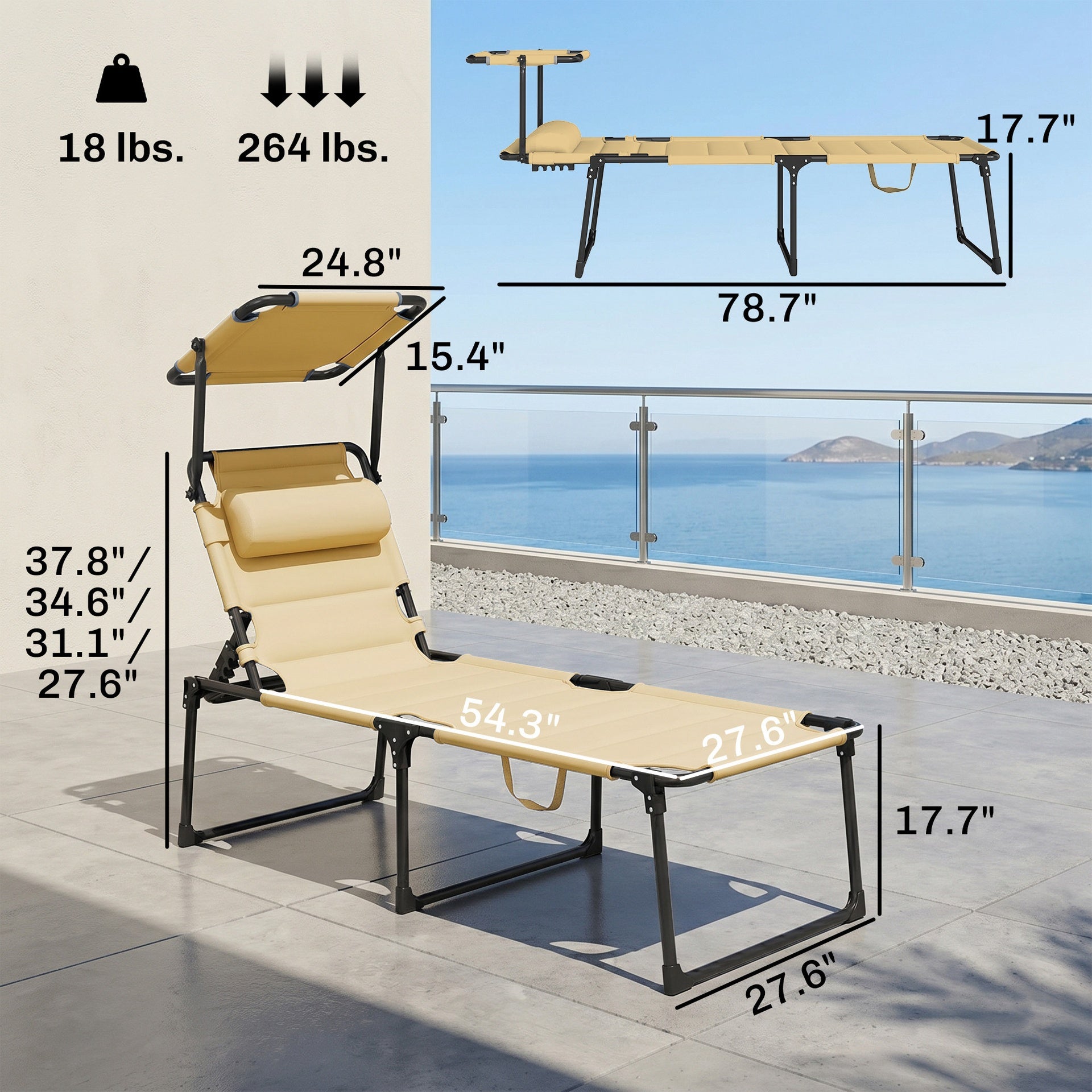 Outsunny Outdoor Lounge Chair, 4 Position Adjustable Backrest, Folding, Cushioned w/ Sun Shade Roof & Pillow, Cream White