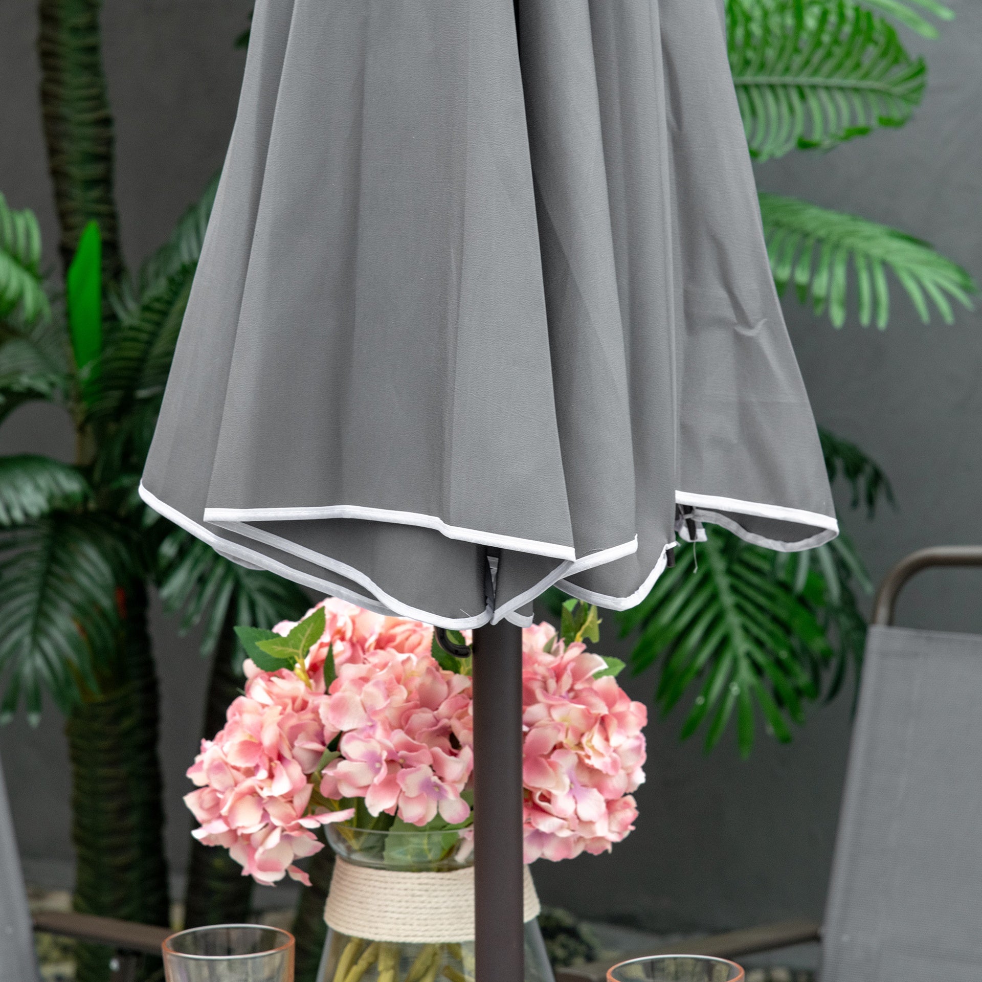 Outsunny 6 Piece Patio Dining Set for 4 with Umbrella, with 4 Folding Dining Chairs & Round Glass Table for Garden, Gray