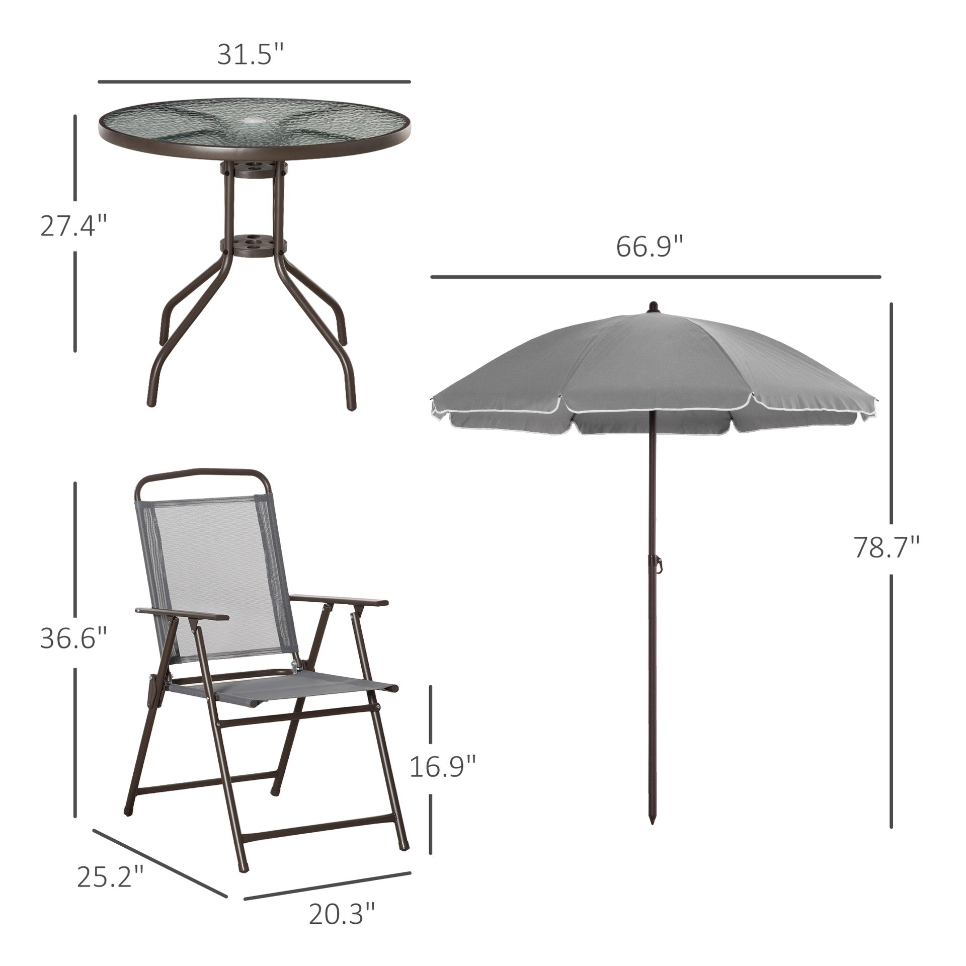 Outsunny 6 Piece Patio Dining Set for 4 with Umbrella, with 4 Folding Dining Chairs & Round Glass Table for Garden, Gray