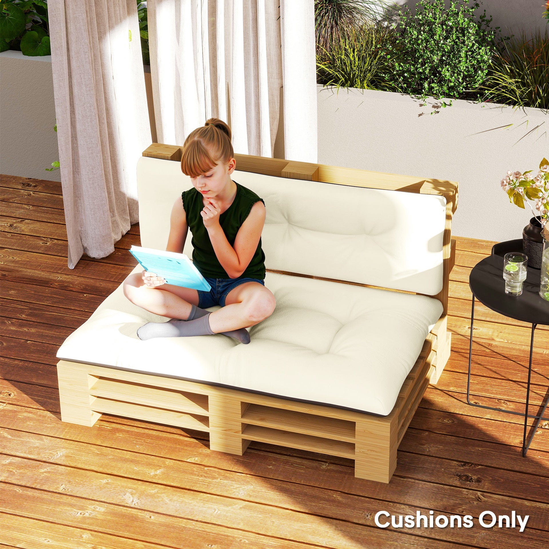 Outsunny 2 Seater Pallet Cushions Outdoor 3.9" Thick Replacement Cushions - Tufted Design for Garden, Patio, Cream White