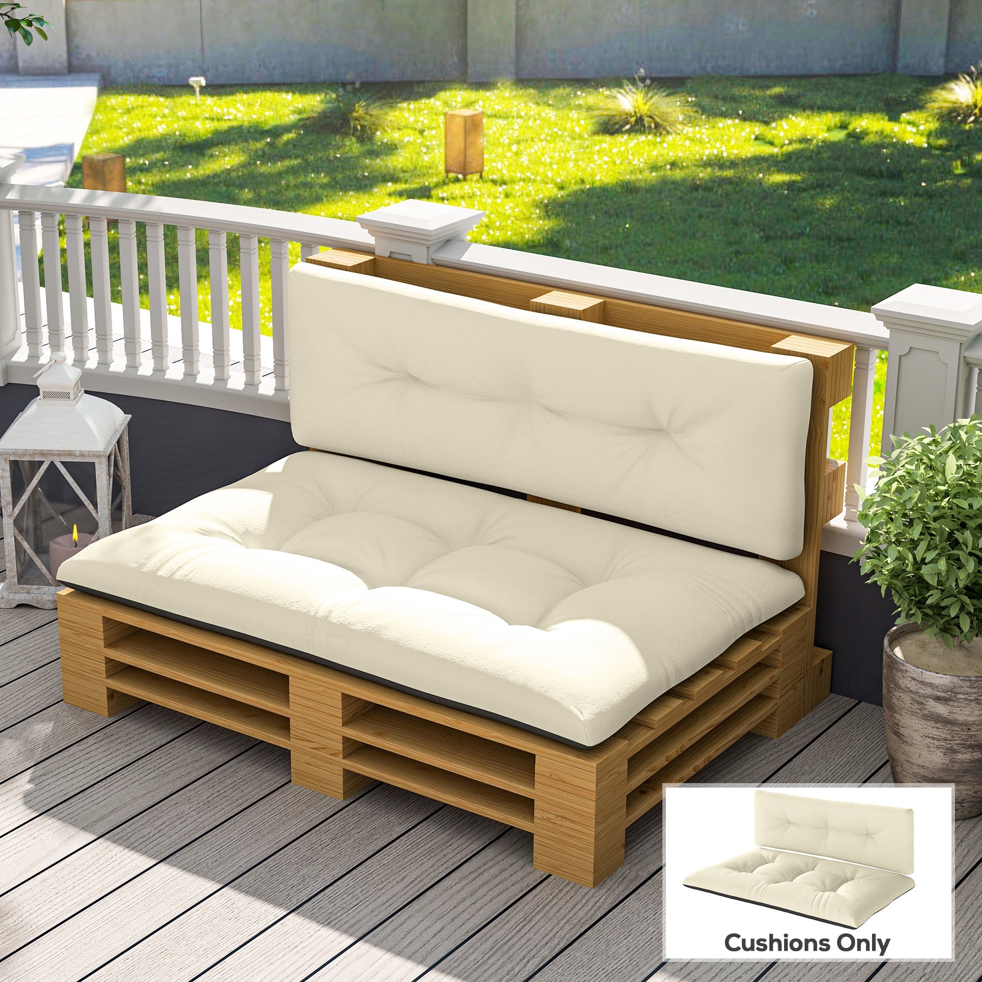 Outsunny 2 Seater Pallet Cushions Outdoor 3.9" Thick Replacement Cushions - Tufted Design for Garden, Patio, Cream White