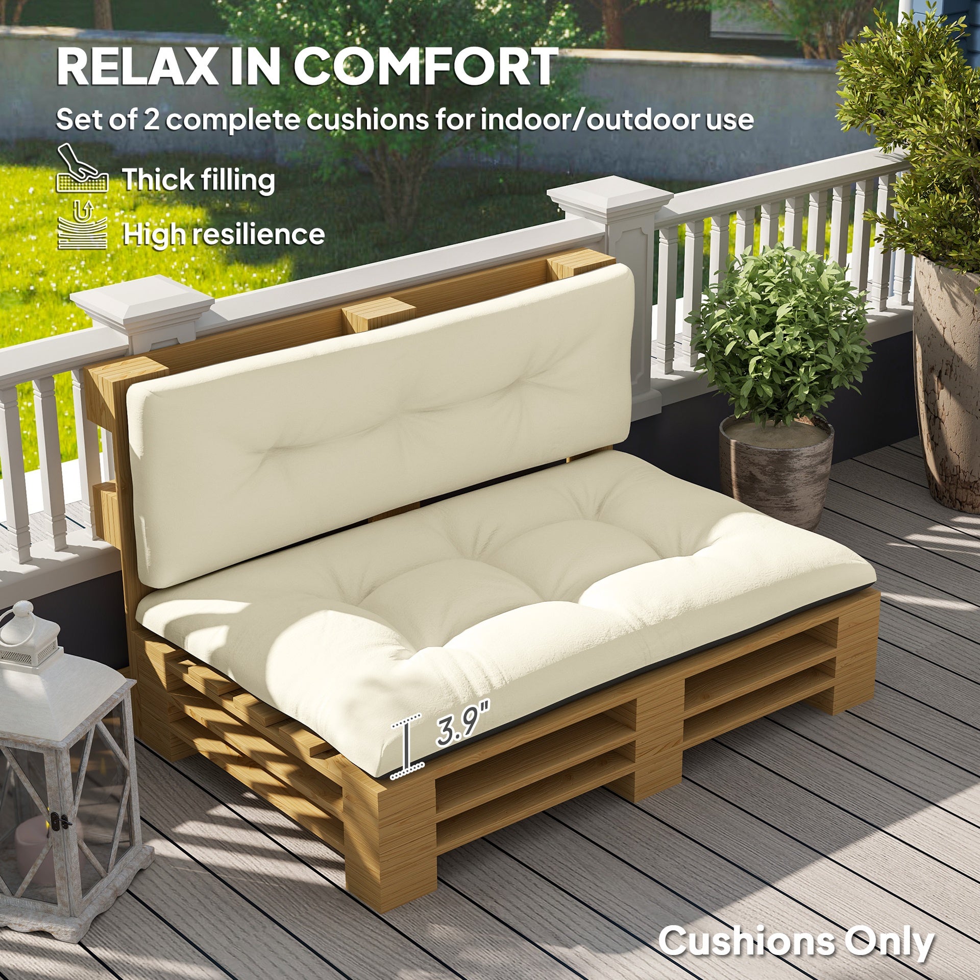 Outsunny 2 Seater Pallet Cushions Outdoor 3.9" Thick Replacement Cushions - Tufted Design for Garden, Patio, Cream White
