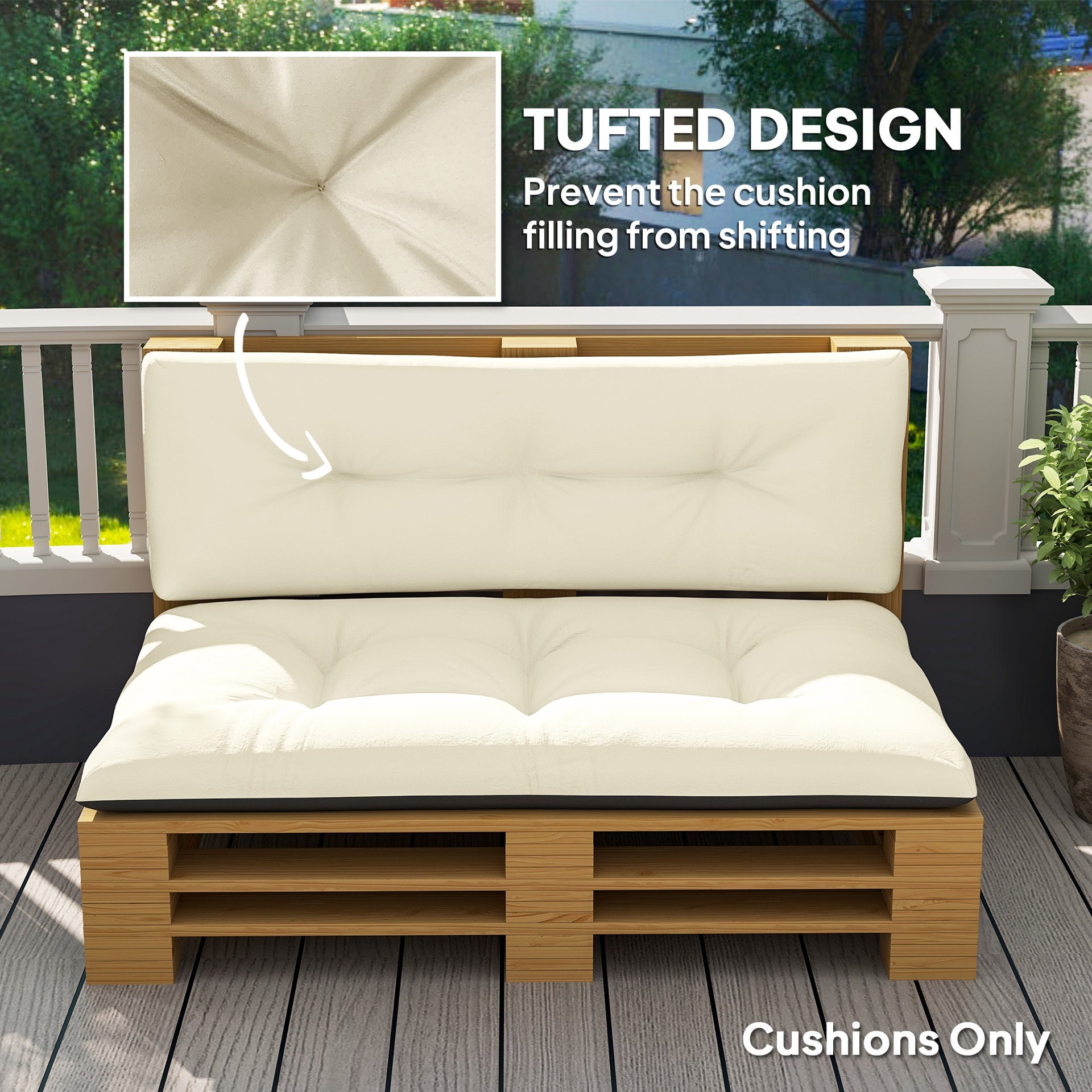 Outsunny 2 Seater Pallet Cushions Outdoor 3.9" Thick Replacement Cushions - Tufted Design for Garden, Patio, Cream White