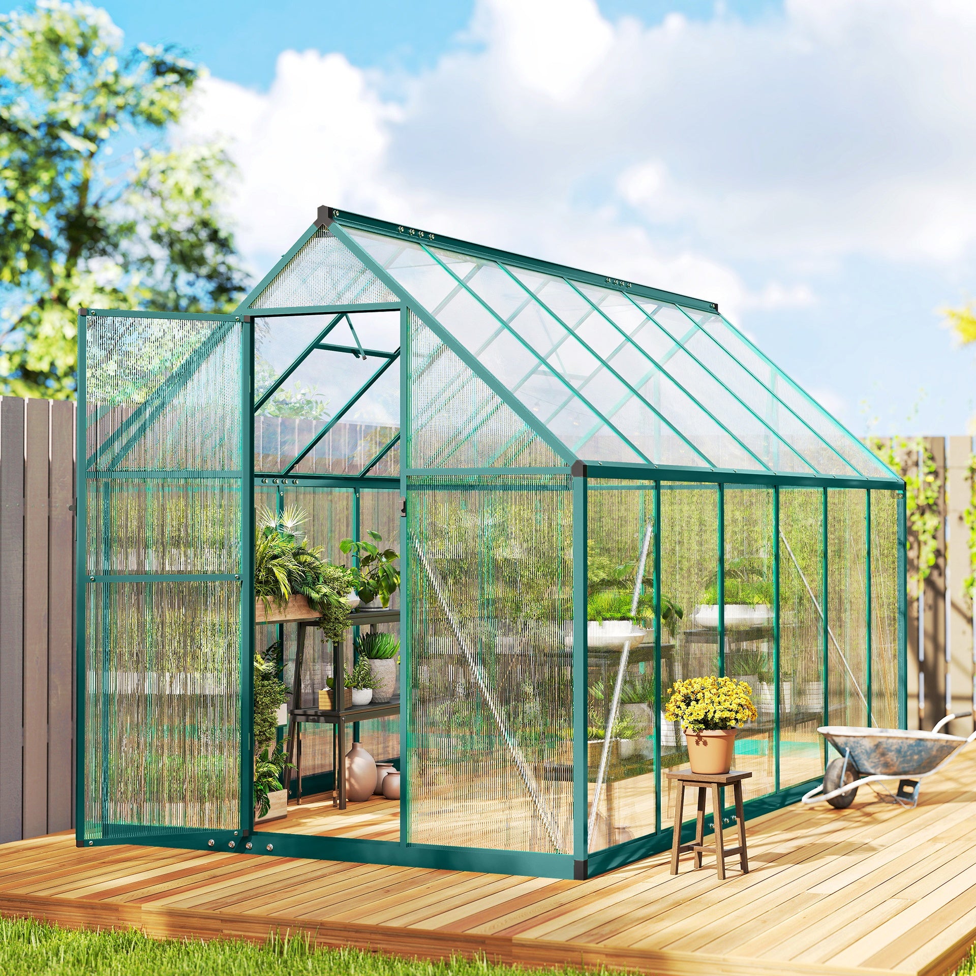 Outsunny Polycarbonate Greenhouse with Swing Door and Two Adjustable Roof Vents, Aluminum Walk-in Greenhouse, 11x6 ft, Dark Green