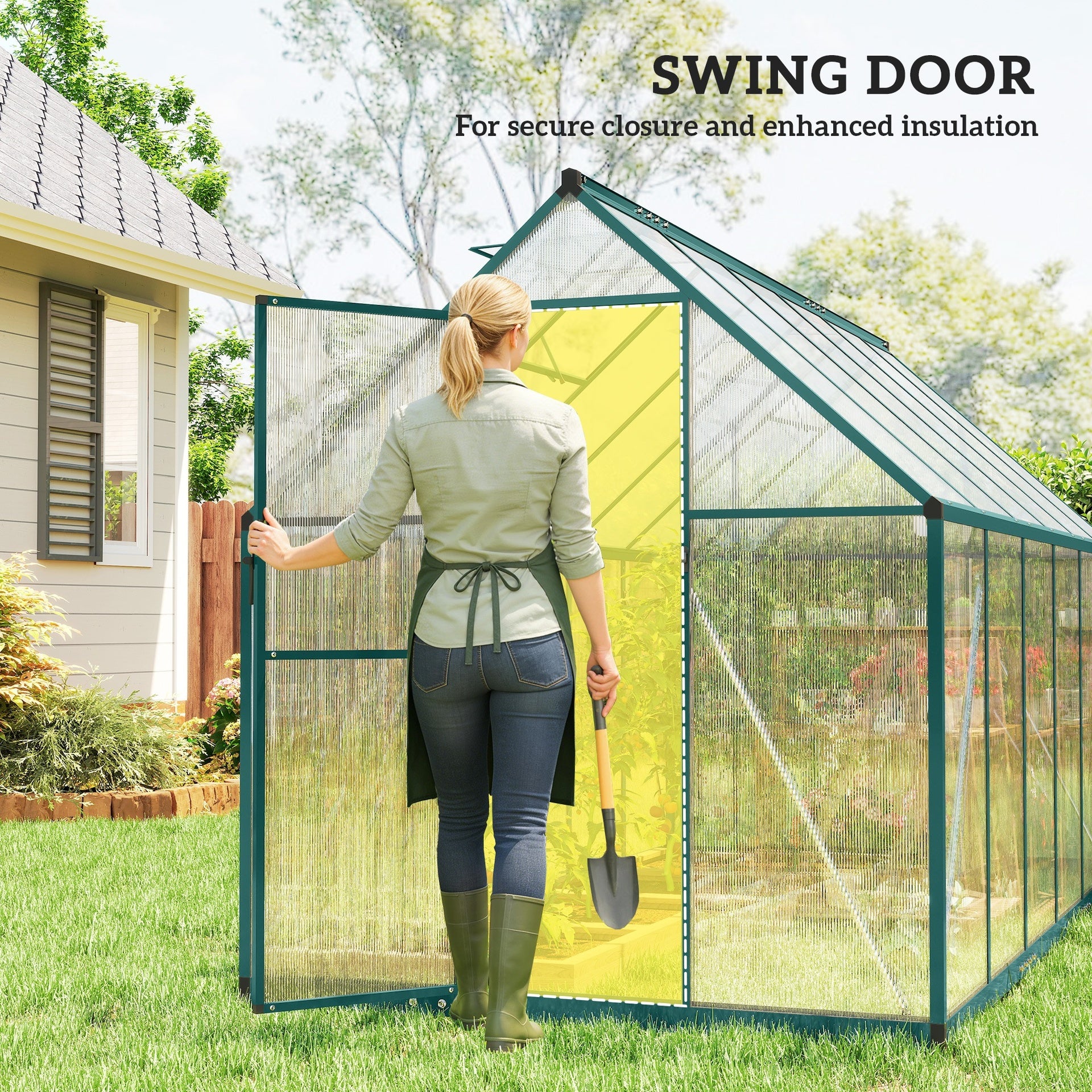 Outsunny Polycarbonate Greenhouse with Swing Door and Two Adjustable Roof Vents, Aluminum Walk-in Greenhouse, 11x6 ft, Dark Green