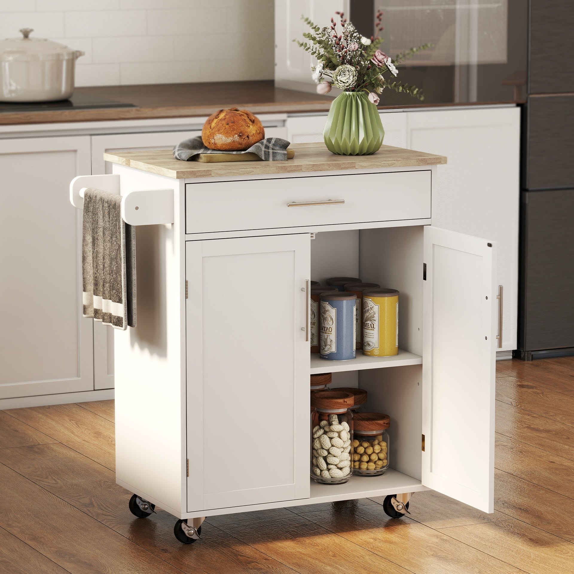 HOMCOM Kitchen Island Cart, Rolling Island Table with Solid Wood Top, Trolley Cart with Drawer, Storage Cabinet & Towel Rack, White