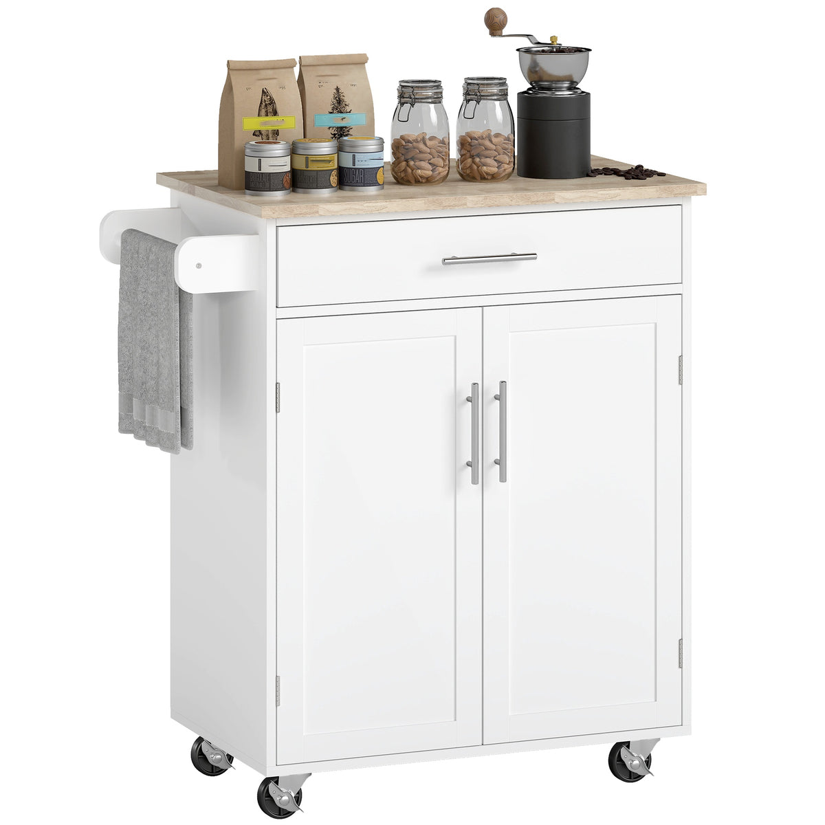 HOMCOM Kitchen Island Cart, Rolling Island Table with Solid Wood Top, Trolley Cart with Drawer, Storage Cabinet & Towel Rack, White