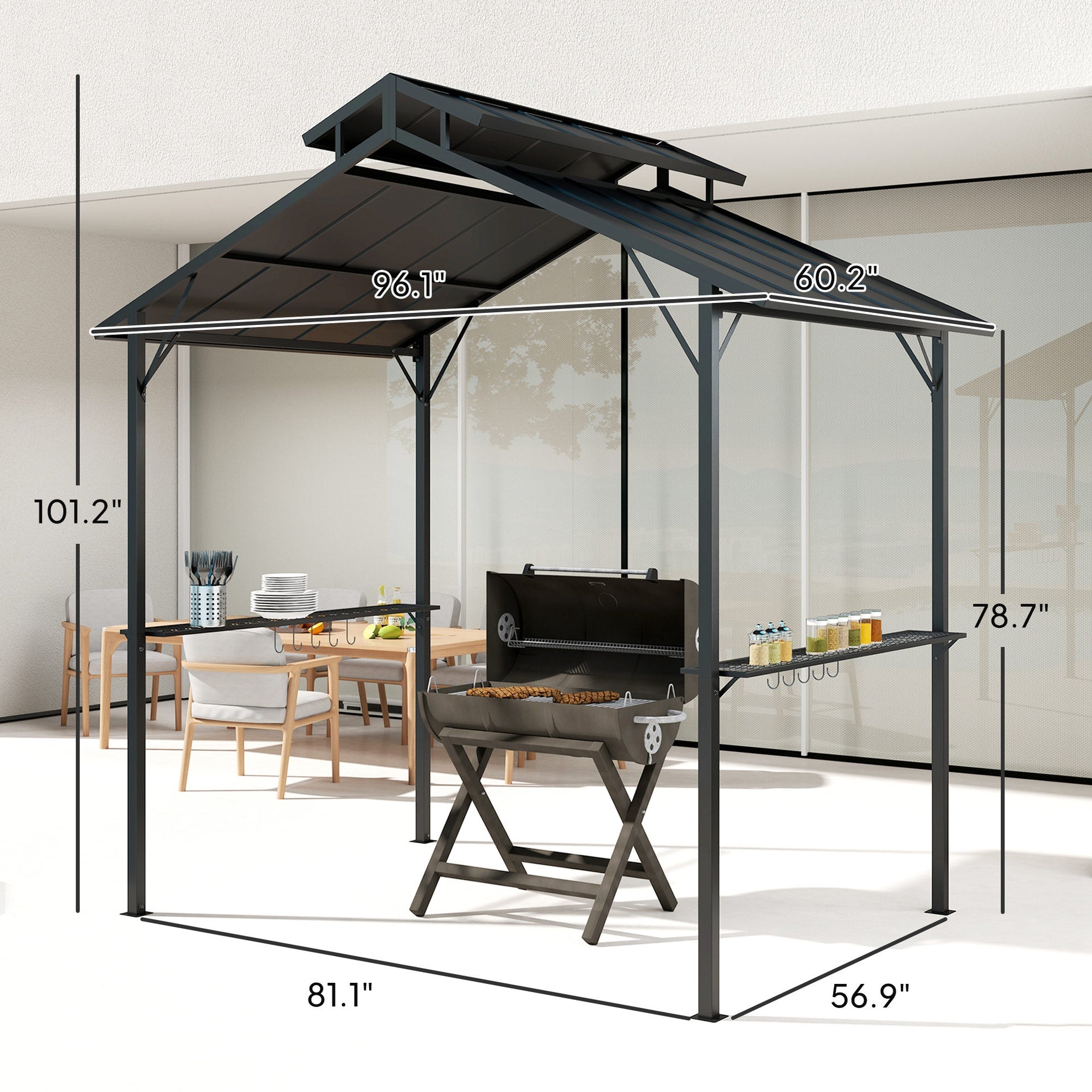 Outsunny 8 x 5ft Hardtop Grill Gazebo with Double Metal Roof, 2 Side Shelves and 10 Hooks for Patio Backyard Lawn Deck
