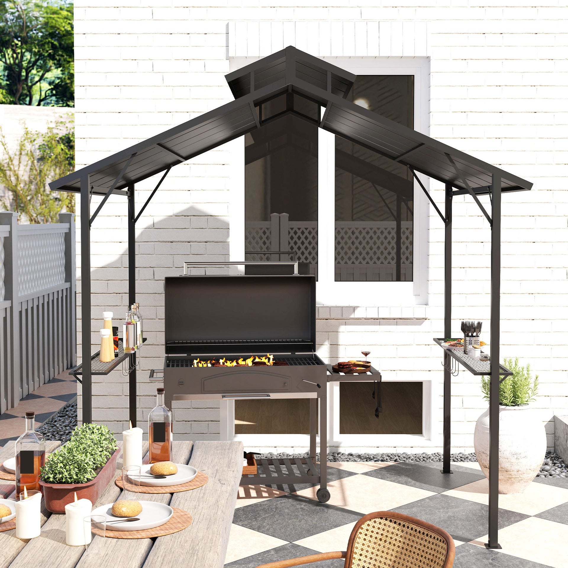 Outsunny 8 x 5ft Hardtop Grill Gazebo with Double Metal Roof, 2 Side Shelves and 10 Hooks for Patio Backyard Lawn Deck