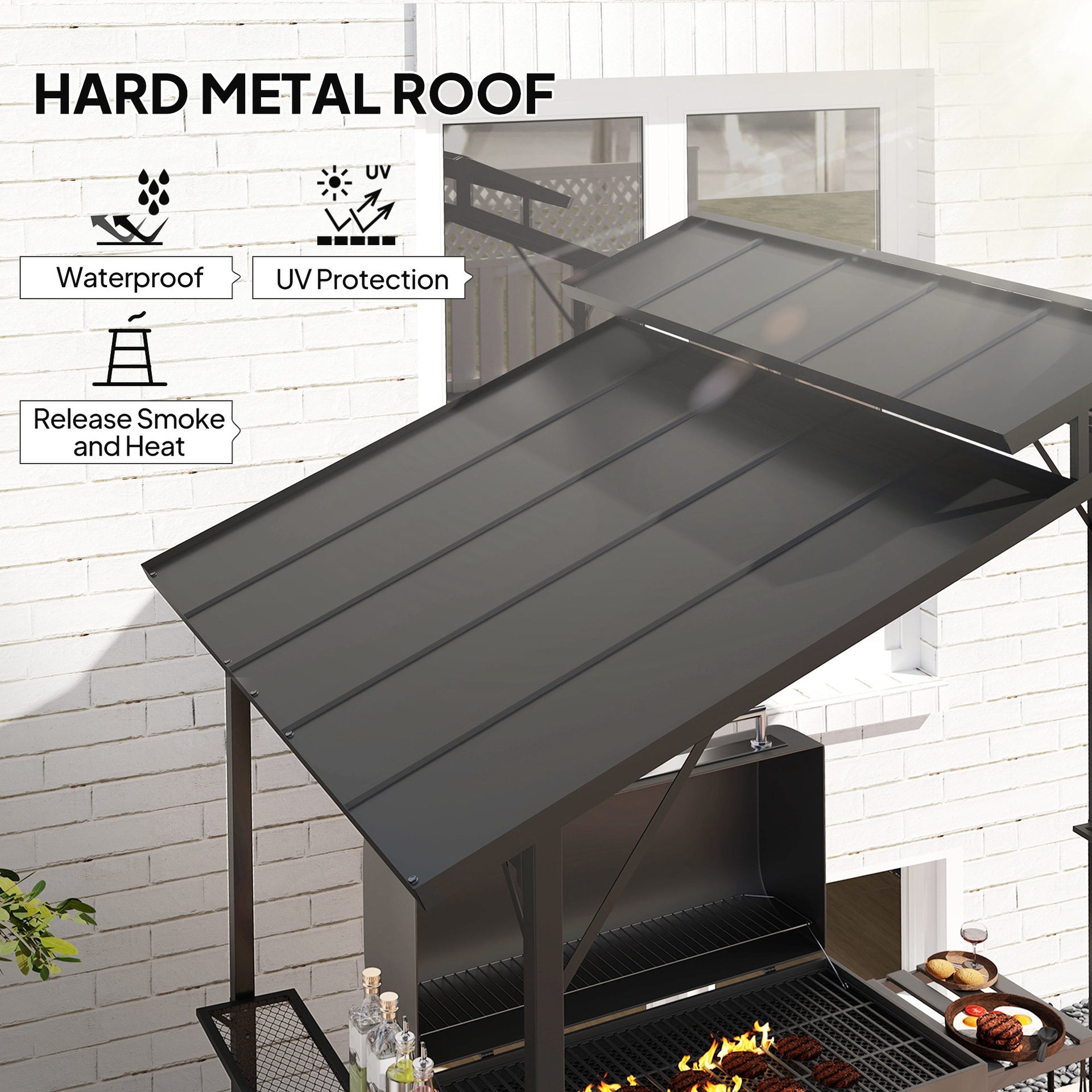 Outsunny 8 x 5ft Hardtop Grill Gazebo with Double Metal Roof, 2 Side Shelves and 10 Hooks for Patio Backyard Lawn Deck
