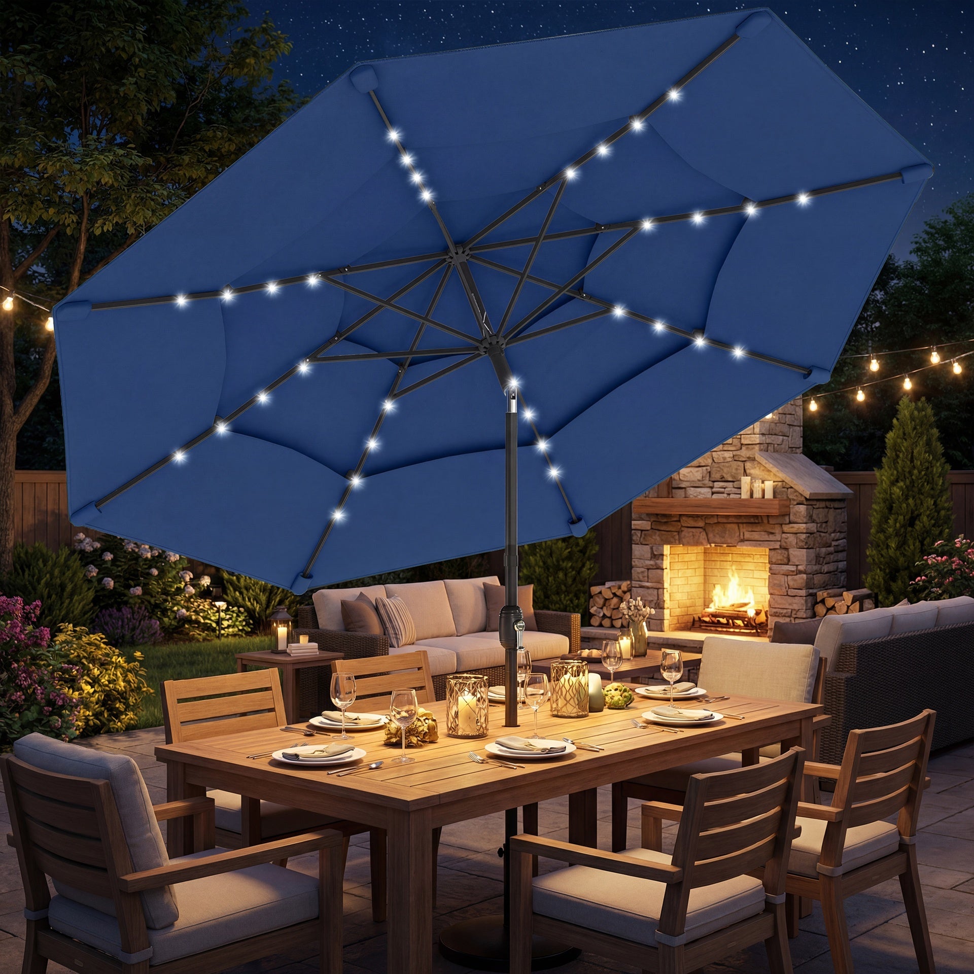 Outsunny 9.7 ft Outdoor Patio Umbrella with Solar LED Lights, 3 Tier Outdoor Table Umbrella with Tilt, Crank, Navy Blue
