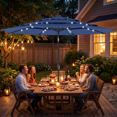 Outsunny 9.7 ft Outdoor Patio Umbrella with Solar LED Lights, 3 Tier Outdoor Table Umbrella with Tilt, Crank, Navy Blue