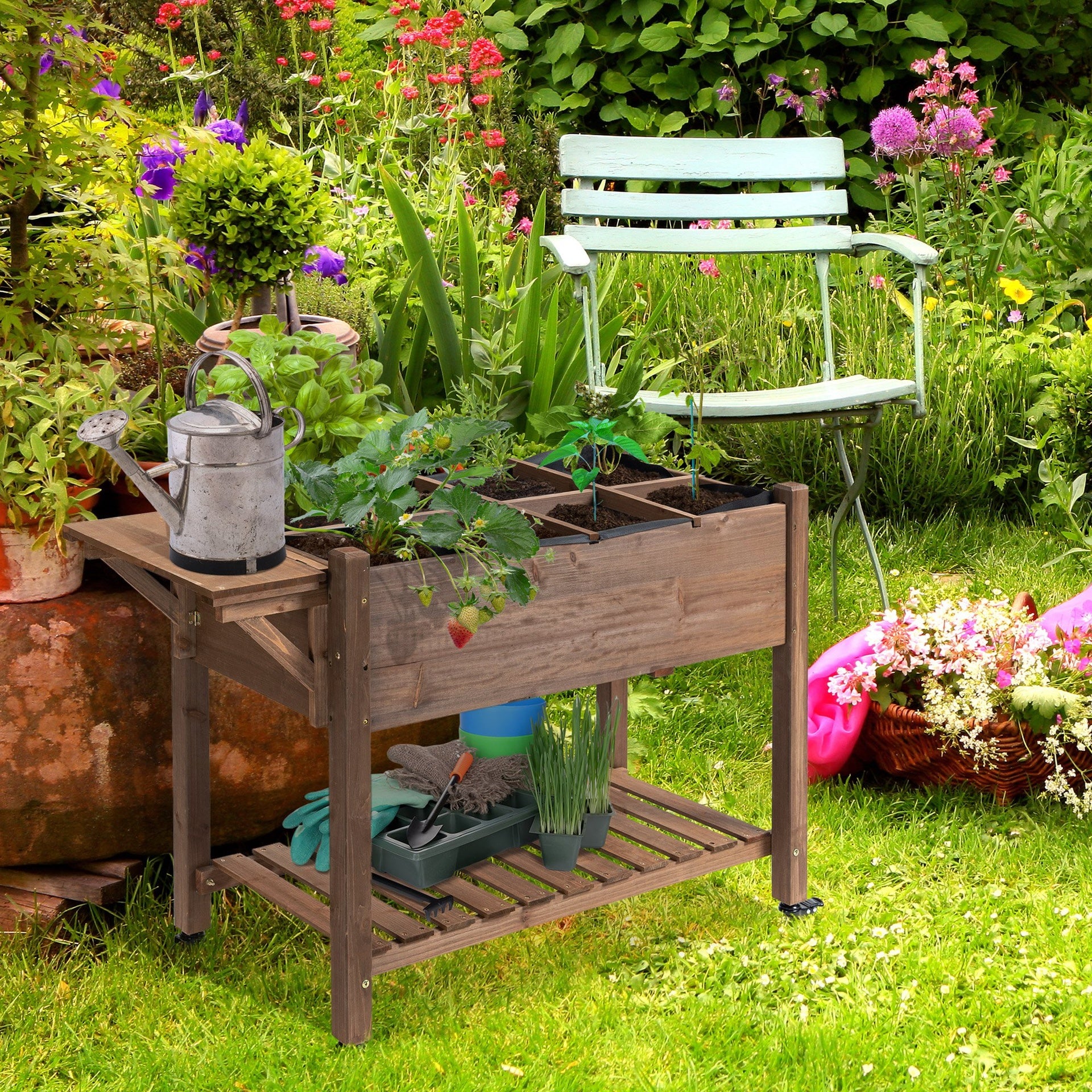 Outsunny Wooden Garden Box, 34.25H with 8 Pockets and Lockable Wheels, Foldable Side Clapboard, Elevated and Self-Draining Design, to Grow Herbs, Vegetables, and Flowers, Brown
