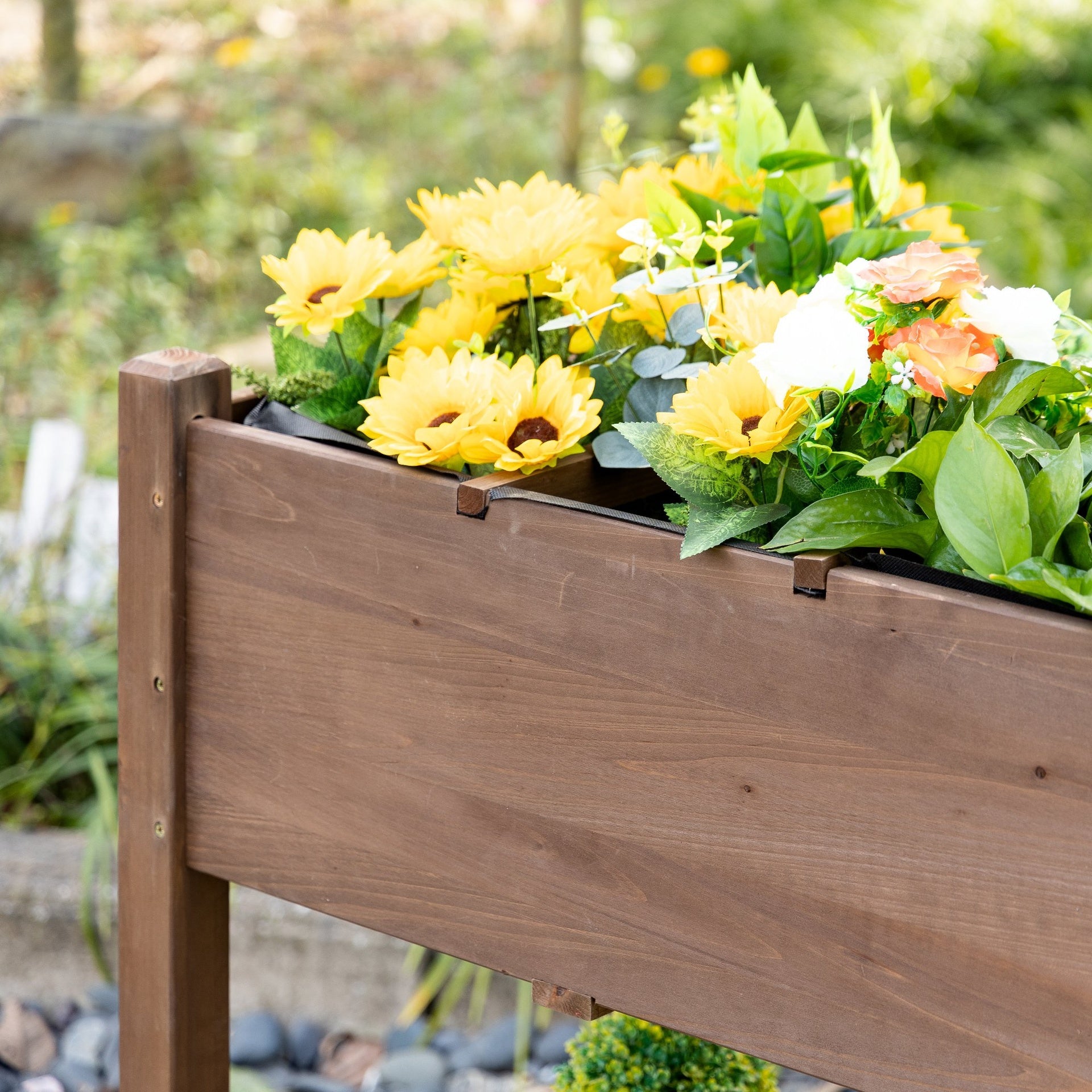 Outsunny Wooden Garden Box, 34.25H with 8 Pockets and Lockable Wheels, Foldable Side Clapboard, Elevated and Self-Draining Design, to Grow Herbs, Vegetables, and Flowers, Brown