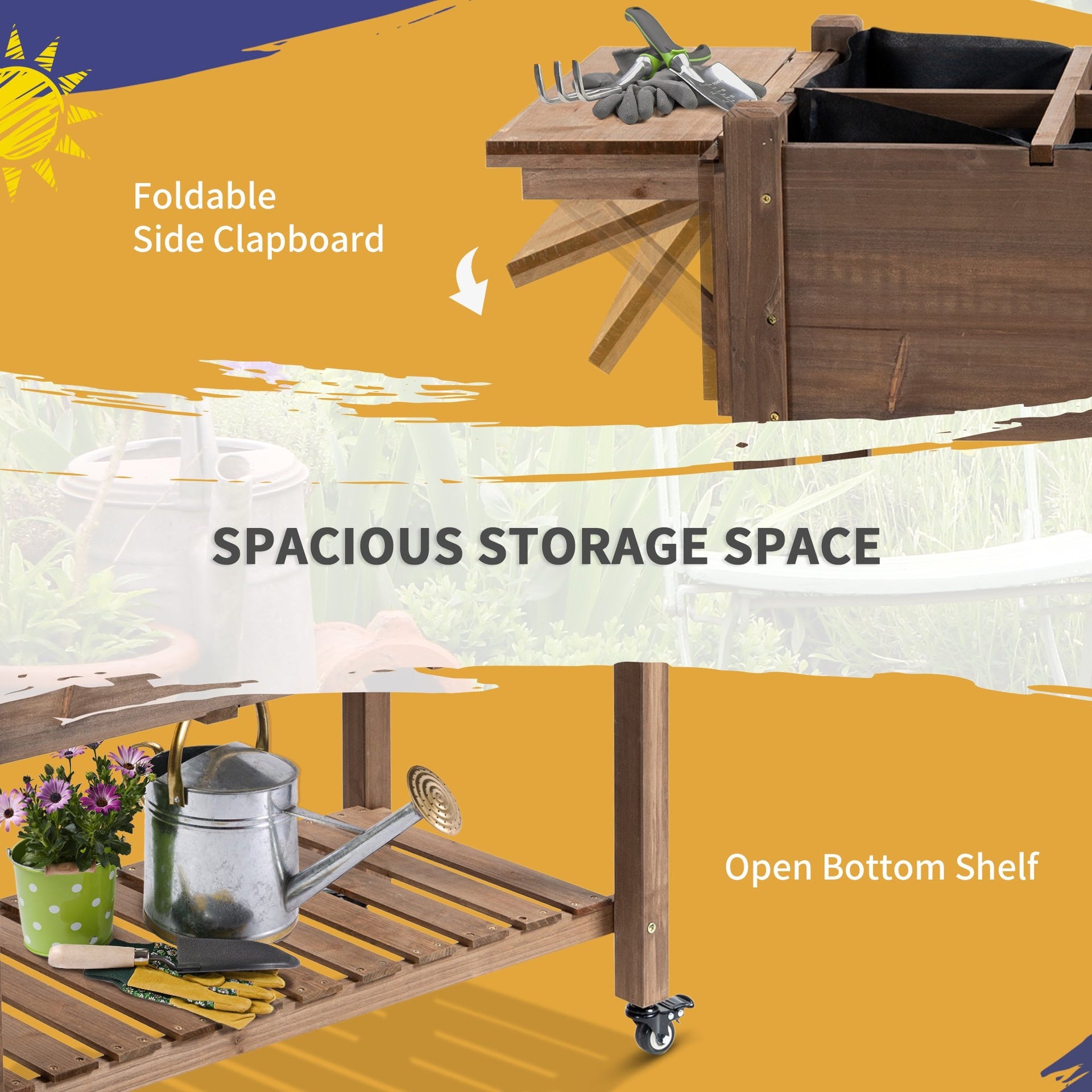 Outsunny Wooden Garden Box, 34.25H with 8 Pockets and Lockable Wheels, Foldable Side Clapboard, Elevated and Self-Draining Design, to Grow Herbs, Vegetables, and Flowers, Brown