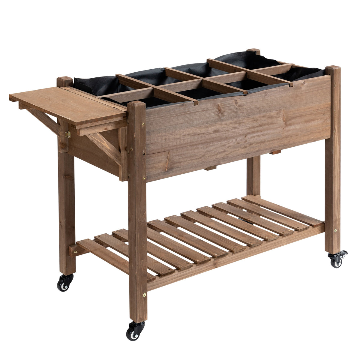 Outsunny Wooden Garden Box, 34.25H with 8 Pockets and Lockable Wheels, Foldable Side Clapboard, Elevated and Self-Draining Design, to Grow Herbs, Vegetables, and Flowers, Brown