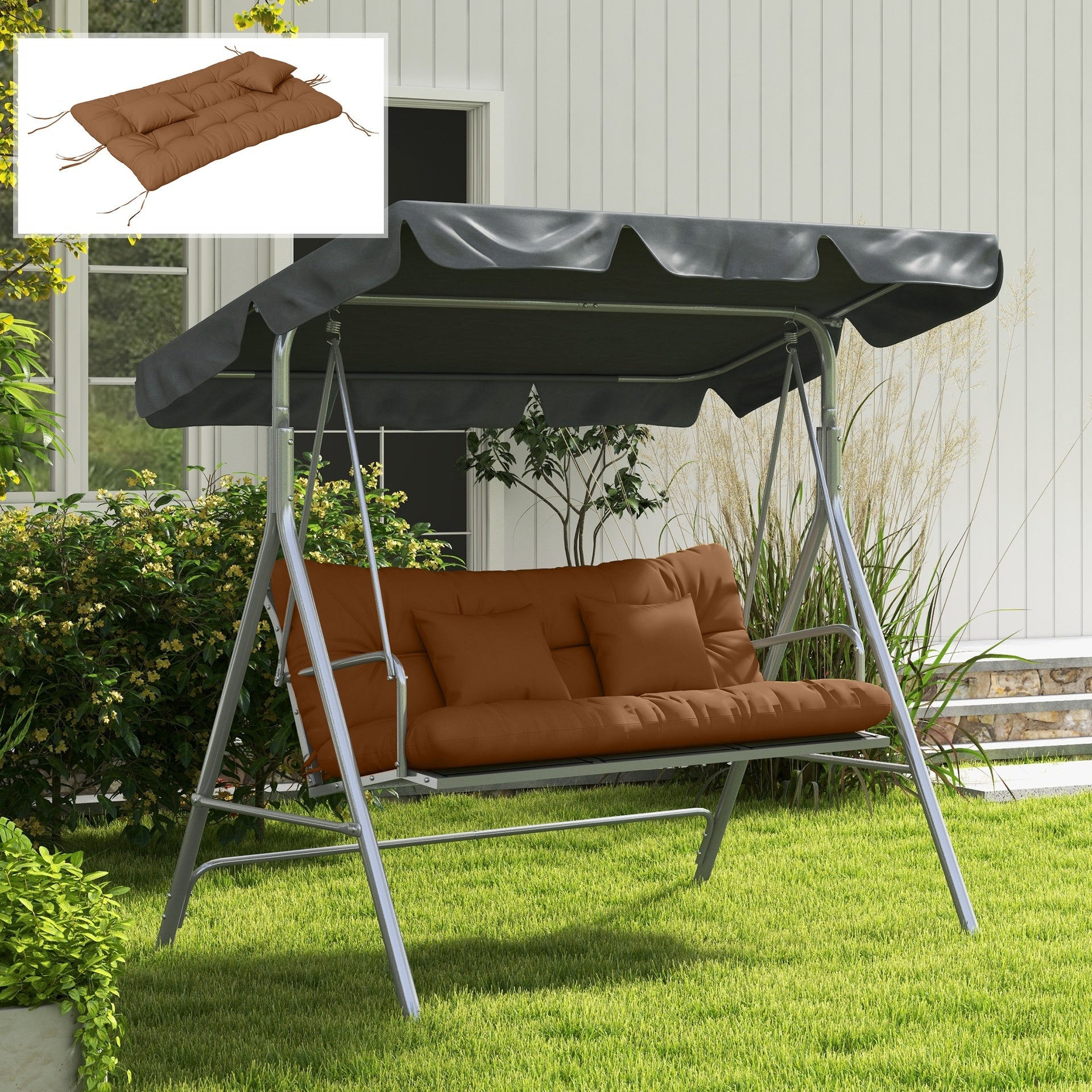 Outsunny 59" Tufted Bench Cushions & Throw Pillows, Replacement Bench Seat Pad, Back & 2 Pillows for Outdoor Furniture, Tan