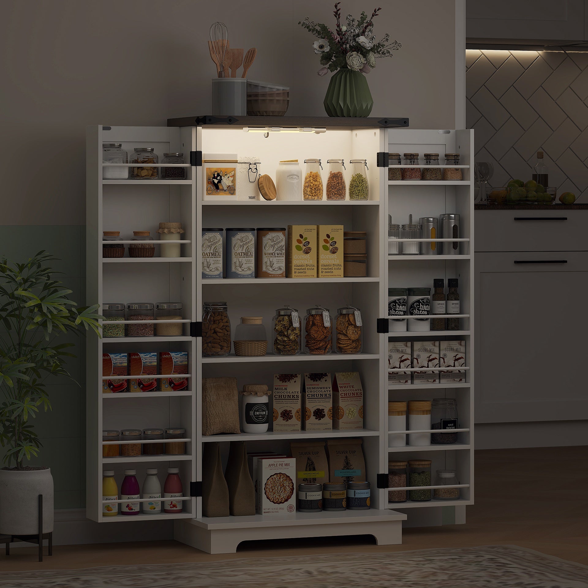 HOMCOM 47" Kitchen Cabinet with Sensing LED Light, Kitchen Pantry Cabinet with Doors, Adjustable Shelves, Door Shelves, White