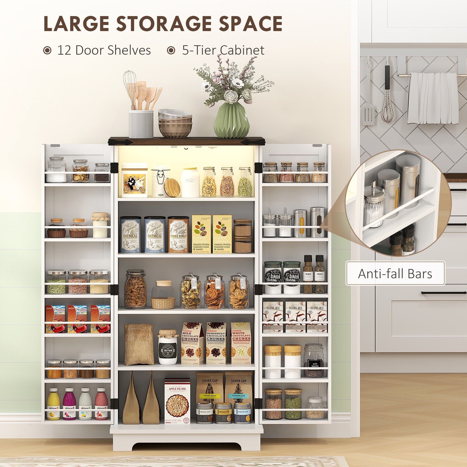 HOMCOM 47" Kitchen Cabinet with Sensing LED Light, Kitchen Pantry Cabinet with Doors, Adjustable Shelves, Door Shelves, White