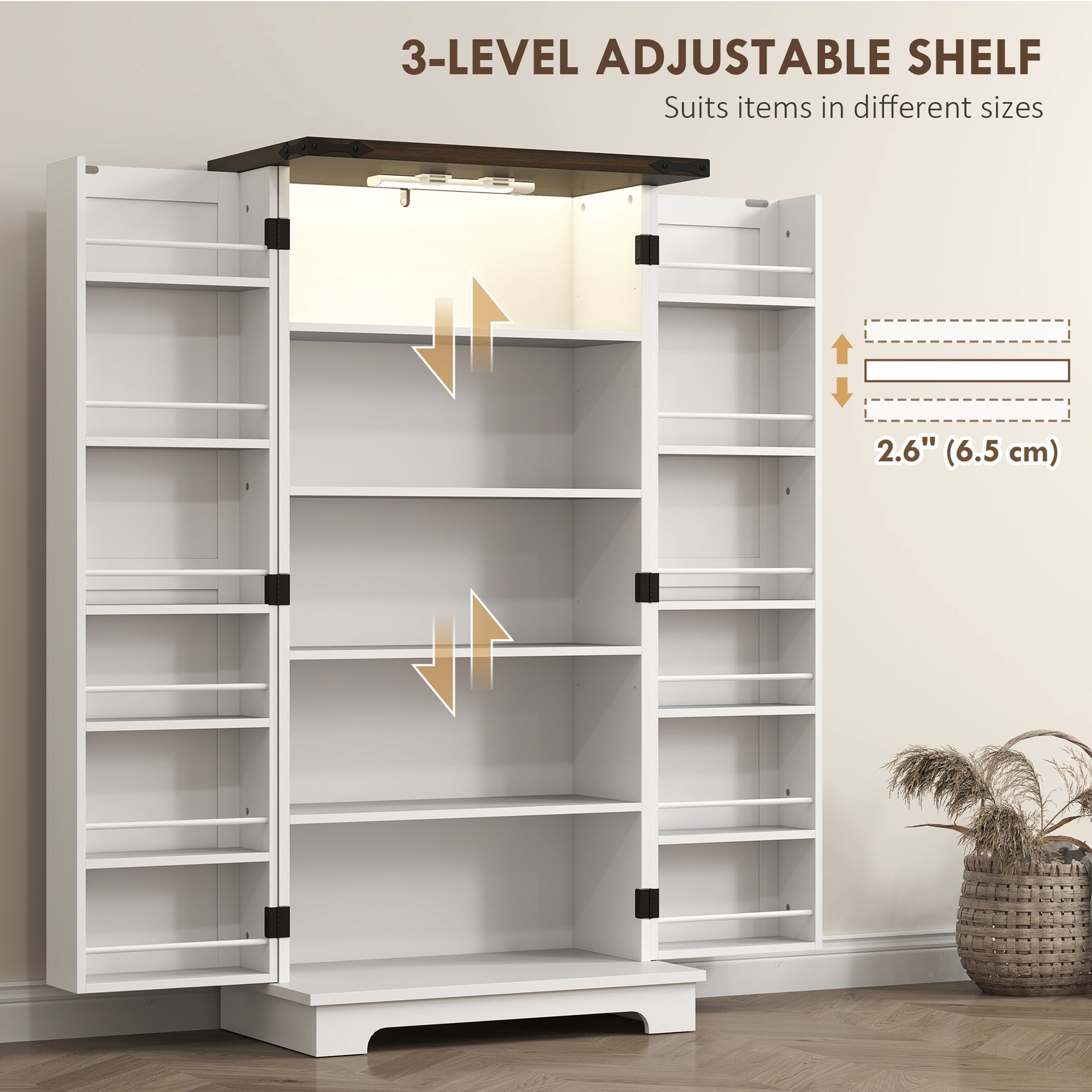 HOMCOM 47" Kitchen Cabinet with Sensing LED Light, Kitchen Pantry Cabinet with Doors, Adjustable Shelves, Door Shelves, White