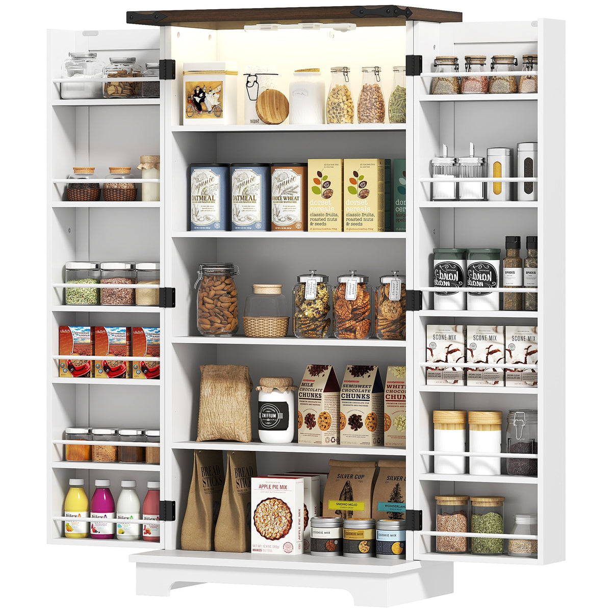 HOMCOM 47" Kitchen Cabinet with Sensing LED Light, Kitchen Pantry Cabinet with Doors, Adjustable Shelves, Door Shelves, White