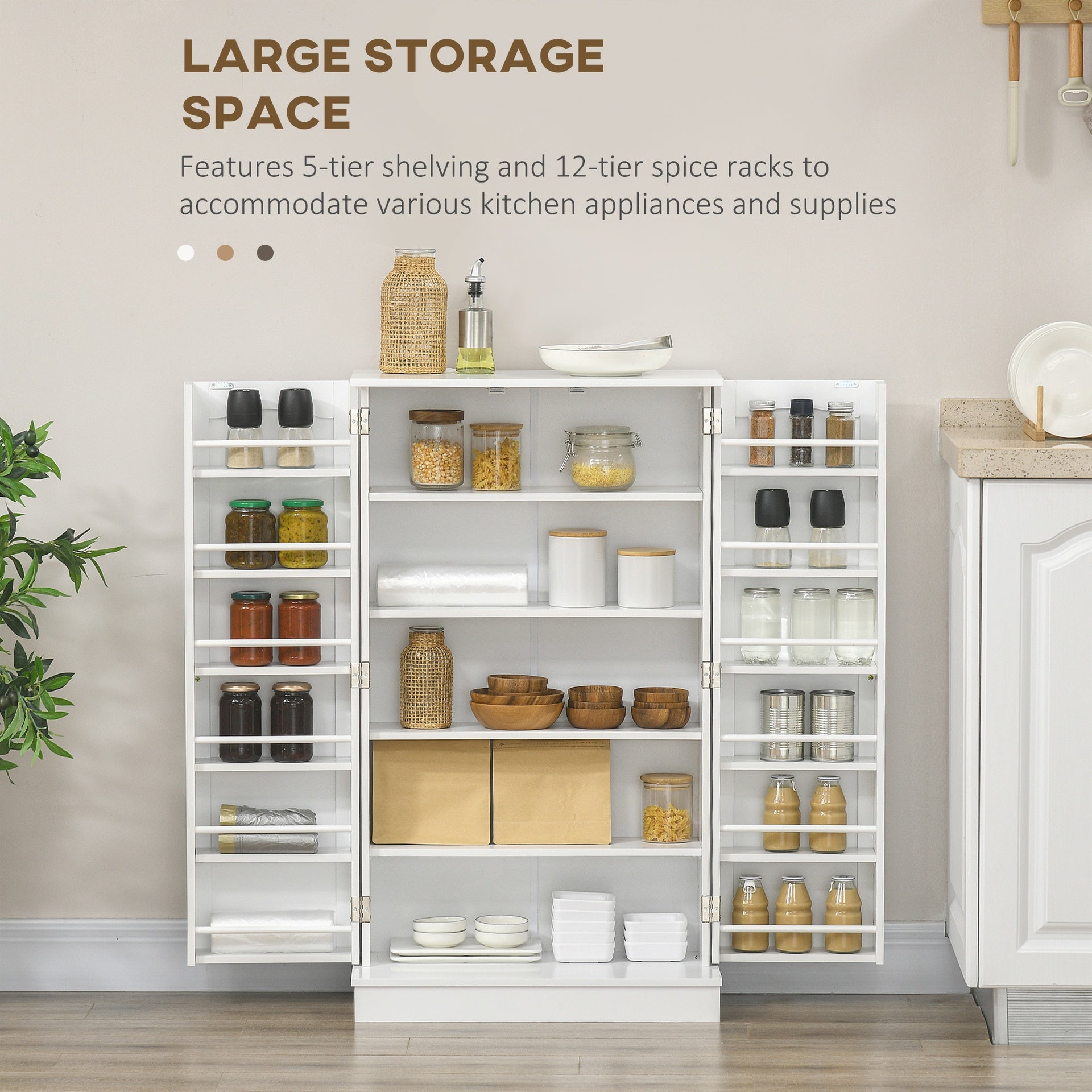 HOMCOM Freestanding Kitchen Pantry Cabinet, Kitchen Sideboard Cabinet with 12 Door Shelves, Double Doors, 5-tier Shelving, Paper White