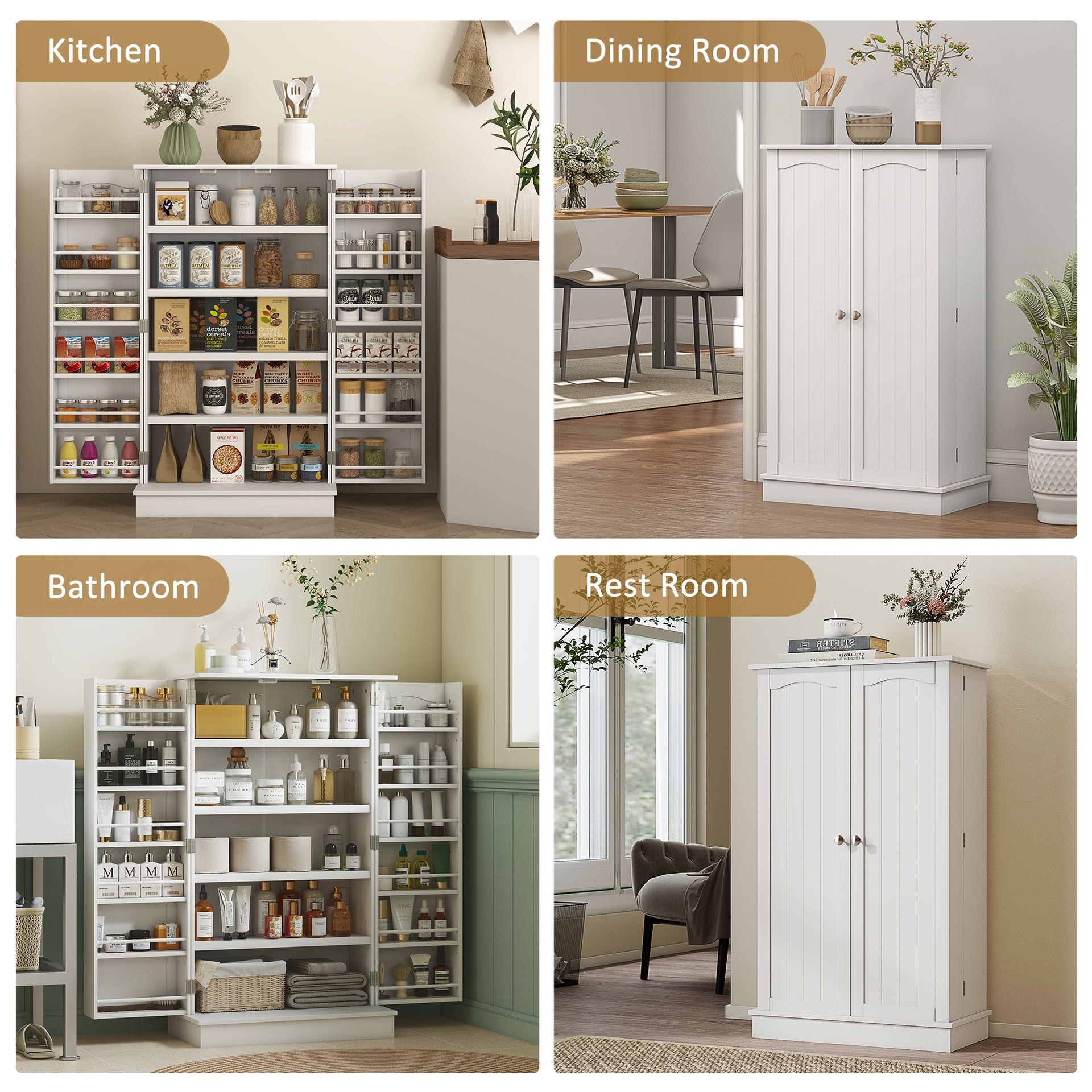 HOMCOM Freestanding Kitchen Pantry Cabinet, Kitchen Sideboard Cabinet with 12 Door Shelves, Double Doors, 5-tier Shelving, Paper White