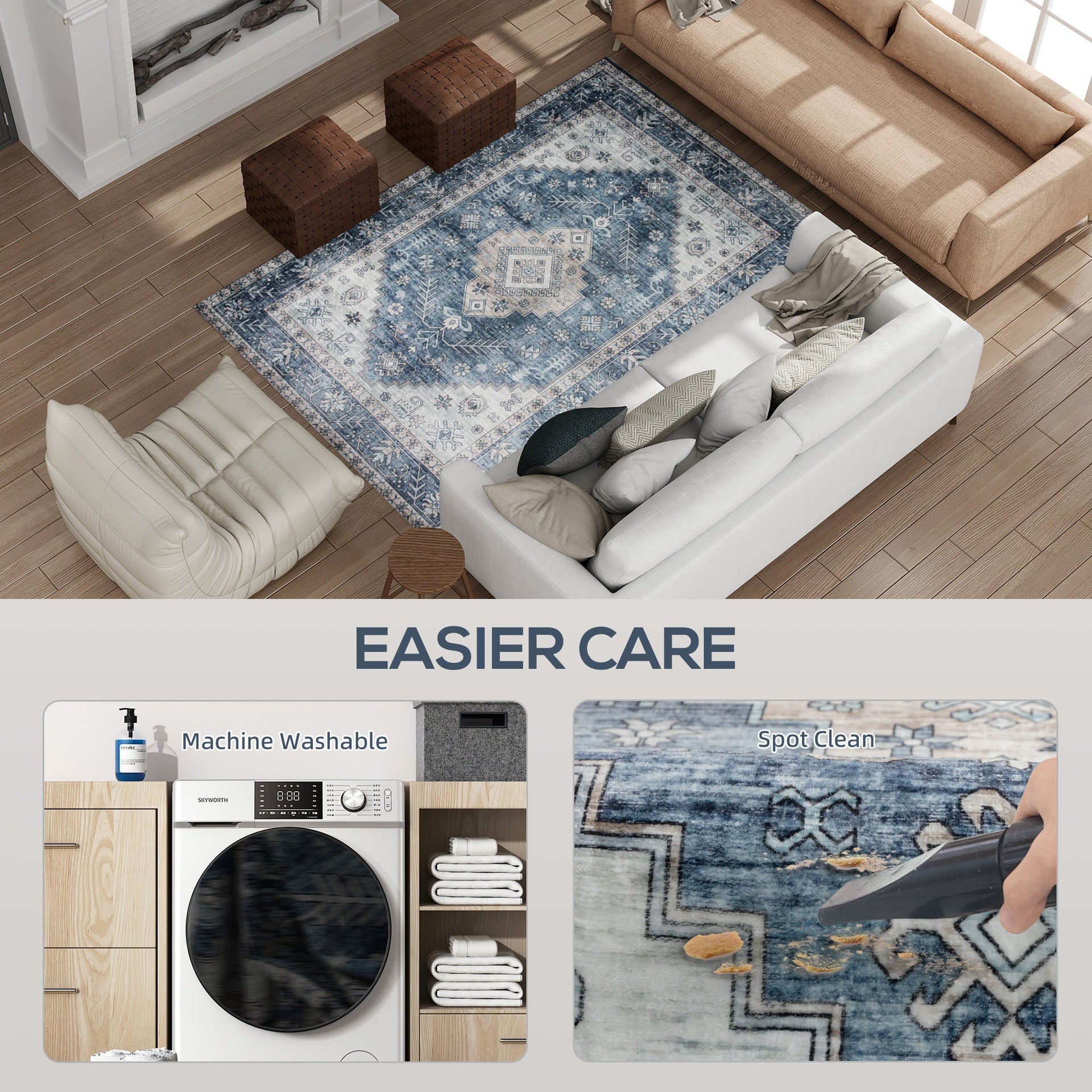 HOMCOM 4x6 Area Rug, Vintage Washable Rug, Non-Slip Floor Carpet for Living Room, Bedroom, Dining Room, Blue
