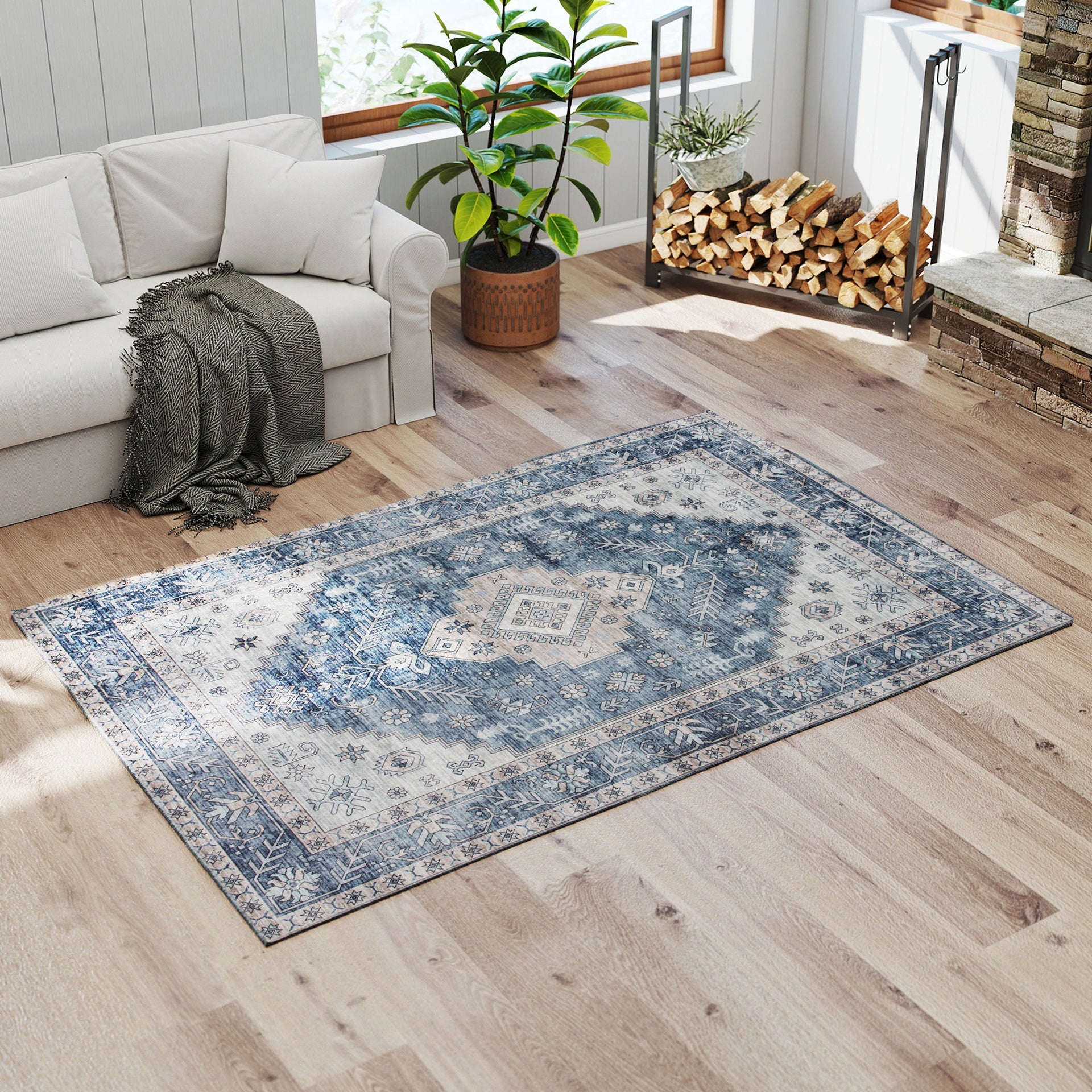 HOMCOM 4x6 Area Rug, Vintage Washable Rug, Non-Slip Floor Carpet for Living Room, Bedroom, Dining Room, Blue