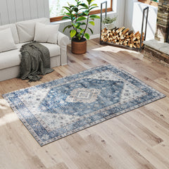 HOMCOM 4x6 Area Rug, Vintage Washable Rug, Non-Slip Floor Carpet for Living Room, Bedroom, Dining Room, Blue