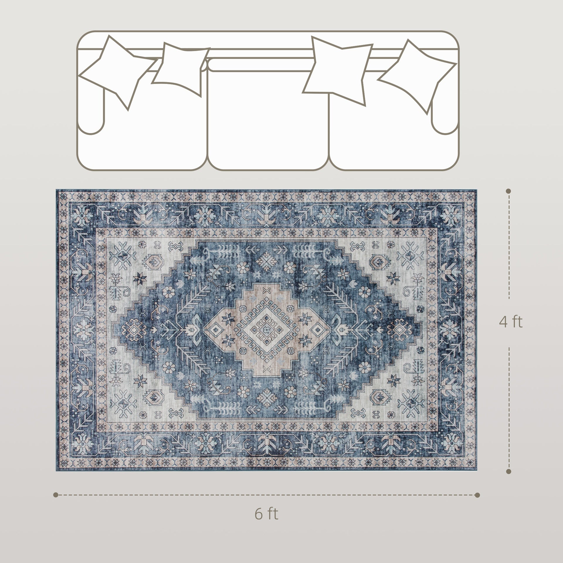 HOMCOM 4x6 Area Rug, Vintage Washable Rug, Non-Slip Floor Carpet for Living Room, Bedroom, Dining Room, Blue