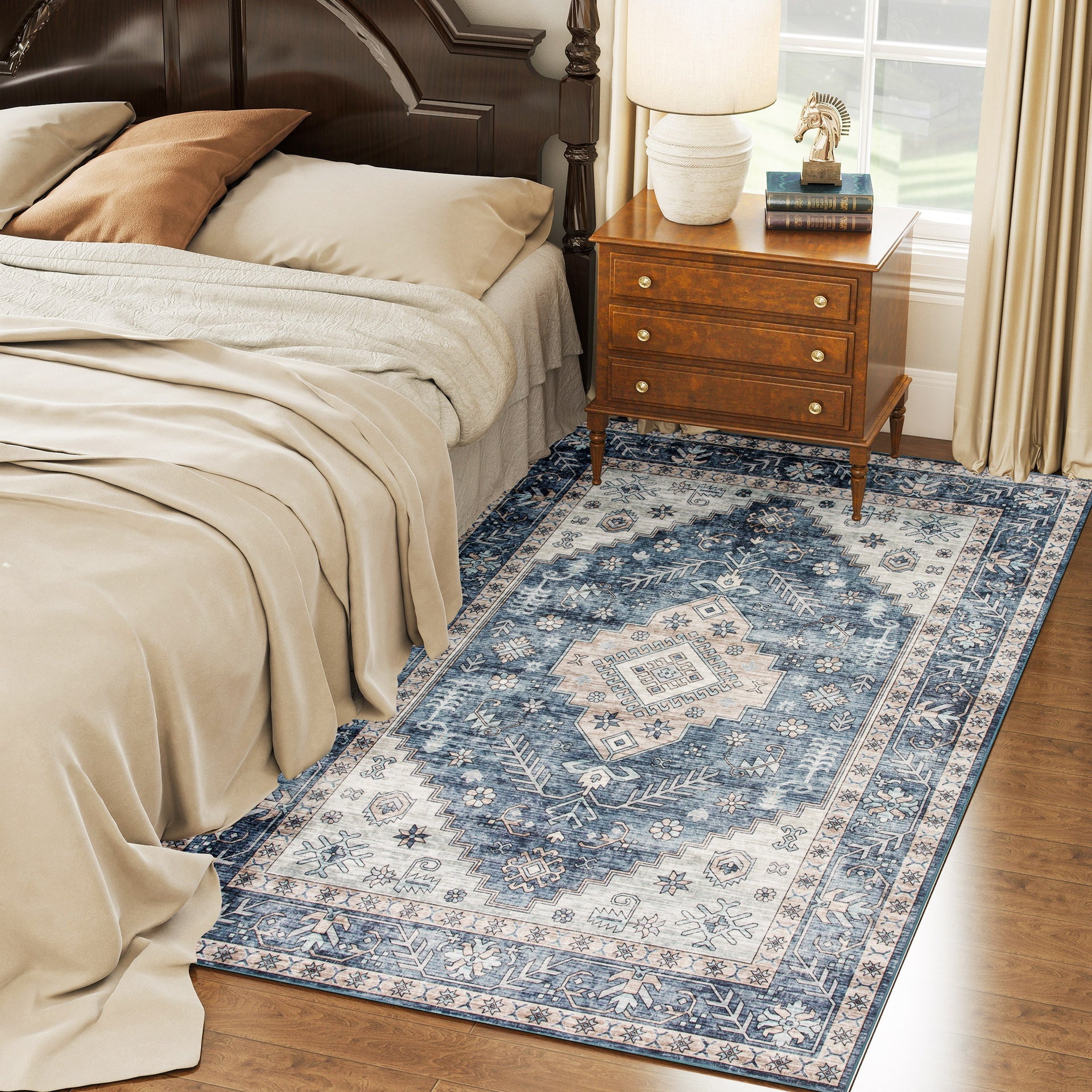 HOMCOM 4x6 Area Rug, Vintage Washable Rug, Non-Slip Floor Carpet for Living Room, Bedroom, Dining Room, Blue