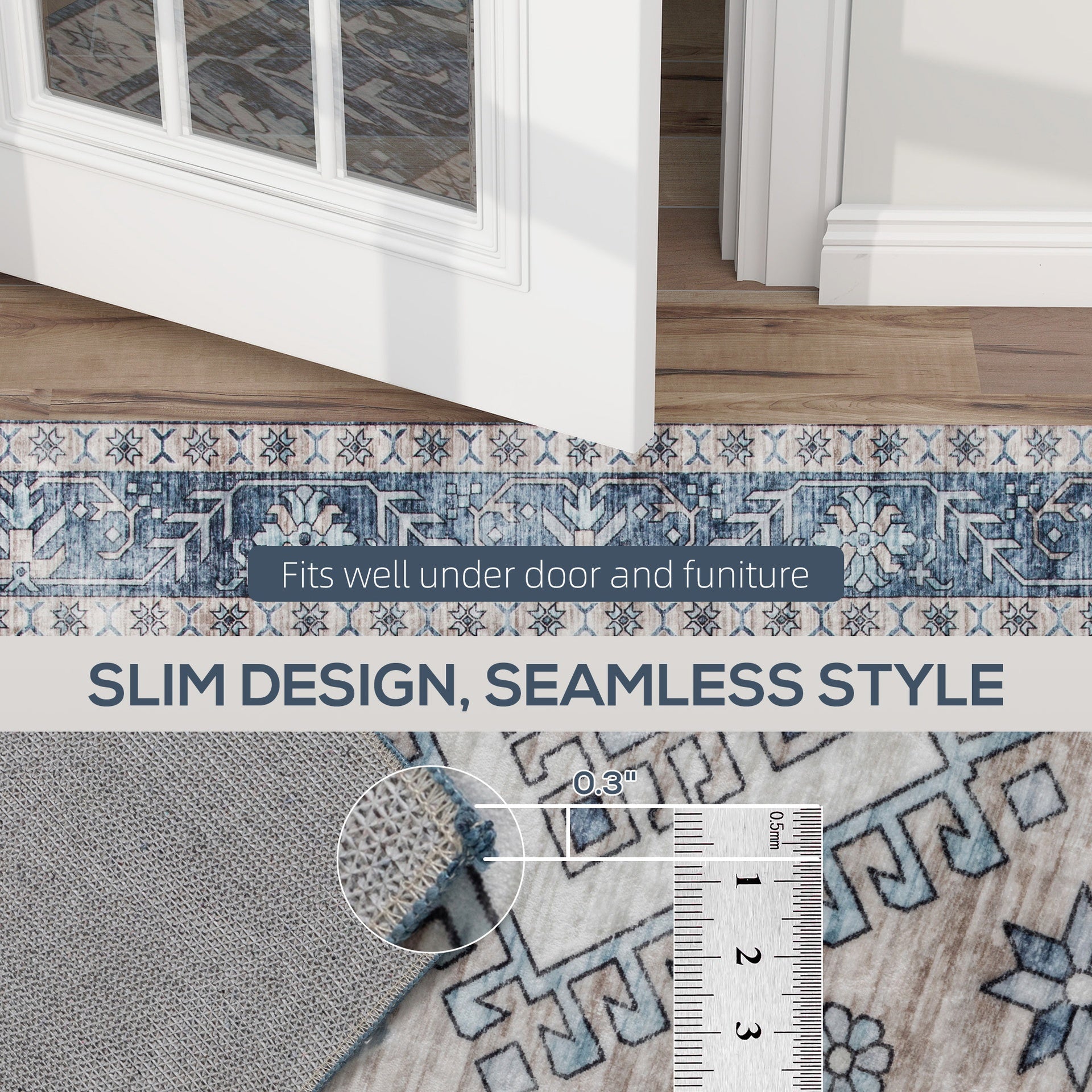 HOMCOM 4x6 Area Rug, Vintage Washable Rug, Non-Slip Floor Carpet for Living Room, Bedroom, Dining Room, Blue