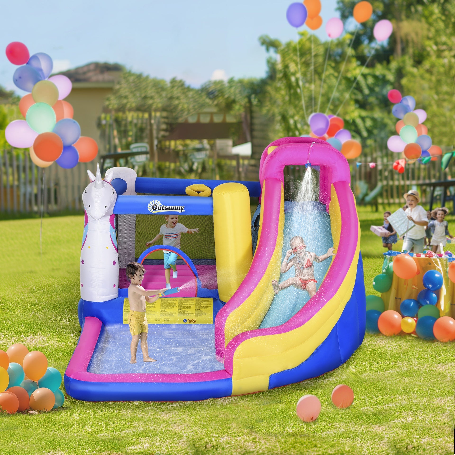 Outsunny Inflatable Water Slide Bounce House with Trampoline, Climbing Wall, Water Cannon, Basketball Hoop, Splash Pool, 450W Blower, Unicorn Themed Bouncy House for Kids 3-8 Years Old