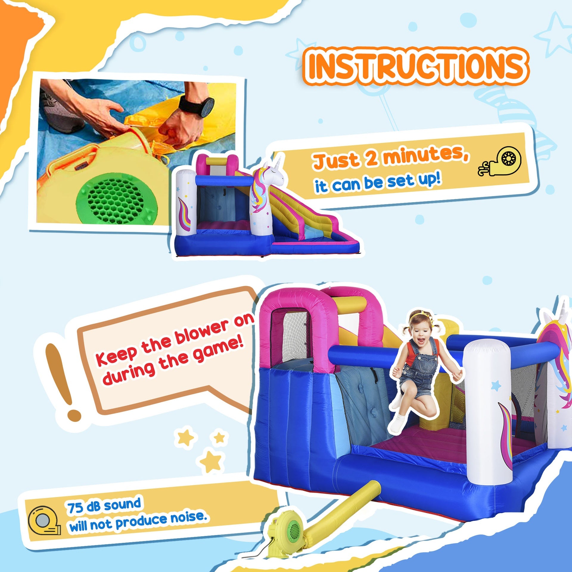 Outsunny Inflatable Water Slide Bounce House with Trampoline, Climbing Wall, Water Cannon, Basketball Hoop, Splash Pool, 450W Blower, Unicorn Themed Bouncy House for Kids 3-8 Years Old