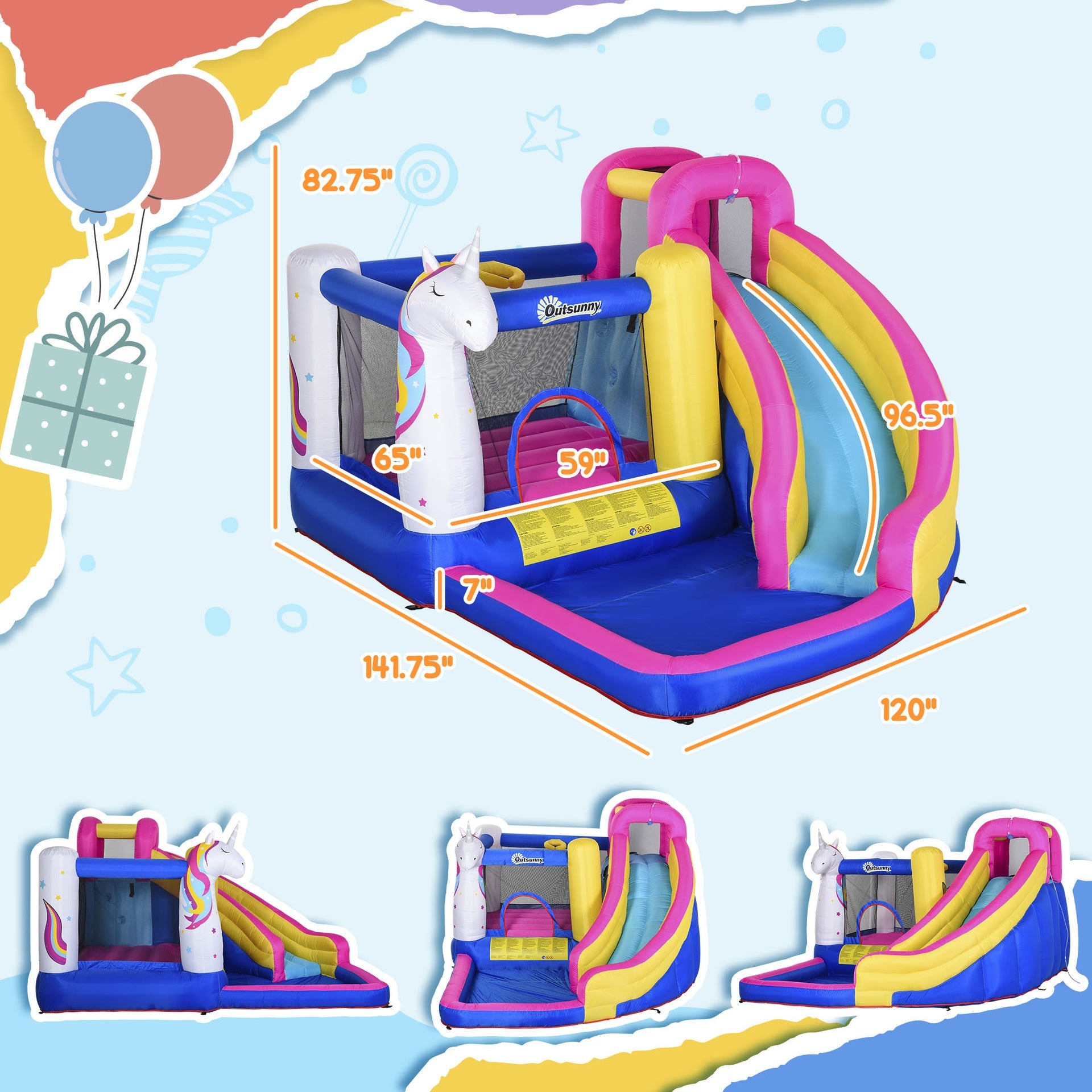 Outsunny Inflatable Water Slide Bounce House with Trampoline, Climbing Wall, Water Cannon, Basketball Hoop, Splash Pool, 450W Blower, Unicorn Themed Bouncy House for Kids 3-8 Years Old
