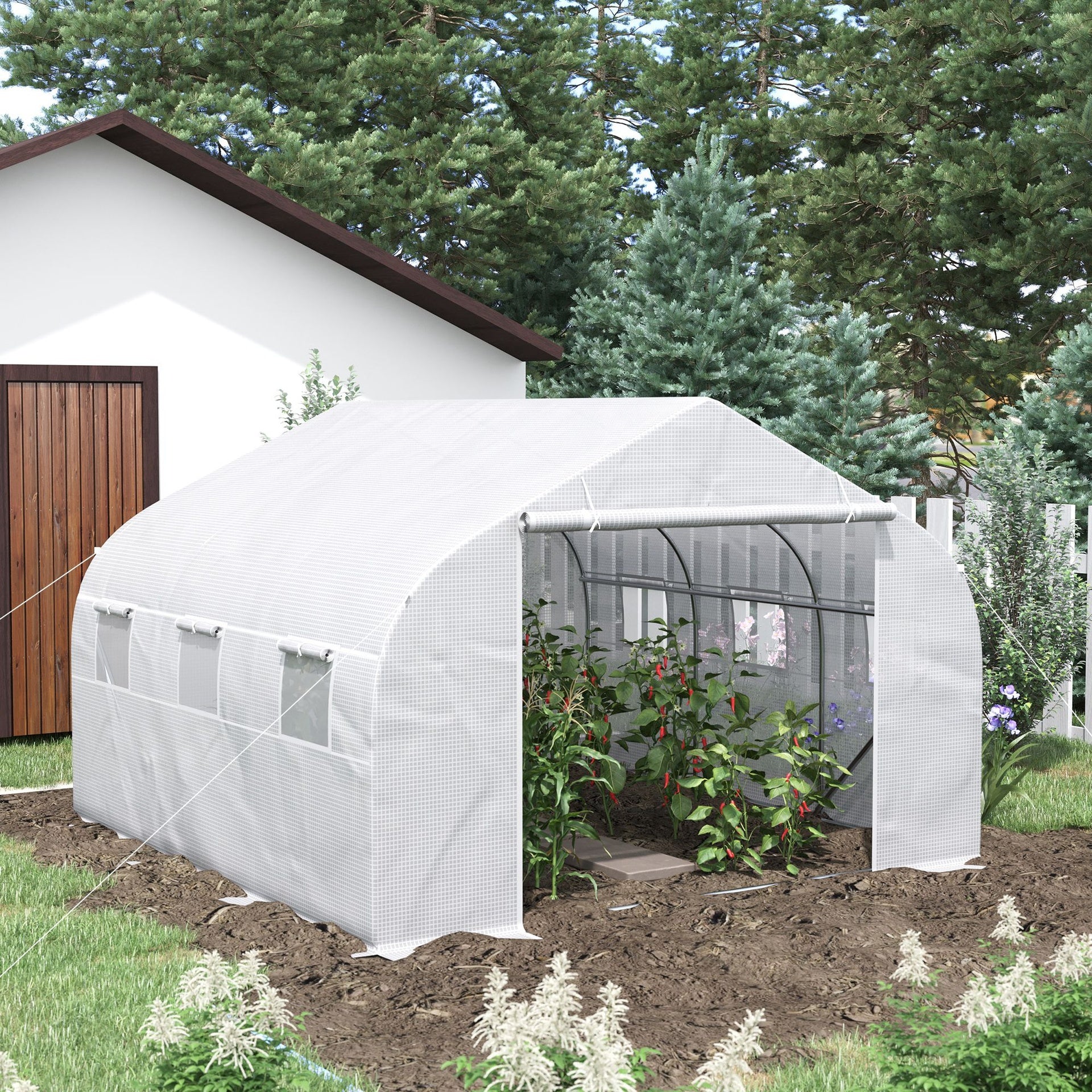 Outsunny 11.5' x 10' x 6.5' Walk-in Greenhouse, Tunnel Green House with Zippered Door and 6 Mesh Windows, Gardening Plant Hot House with Galvanized Steel Frame, White