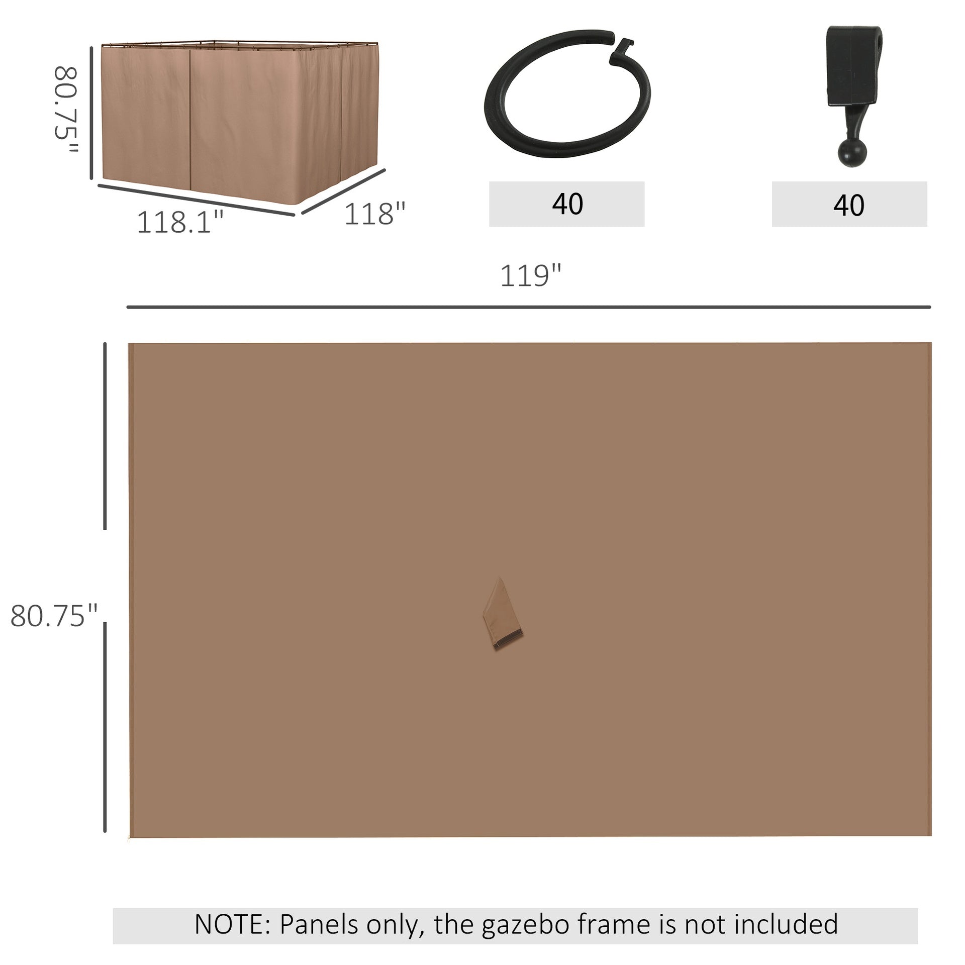 Outsunny 9.84' x 9.84' Gazebo Sidewall Set with Hooks/C-Rings, Brown