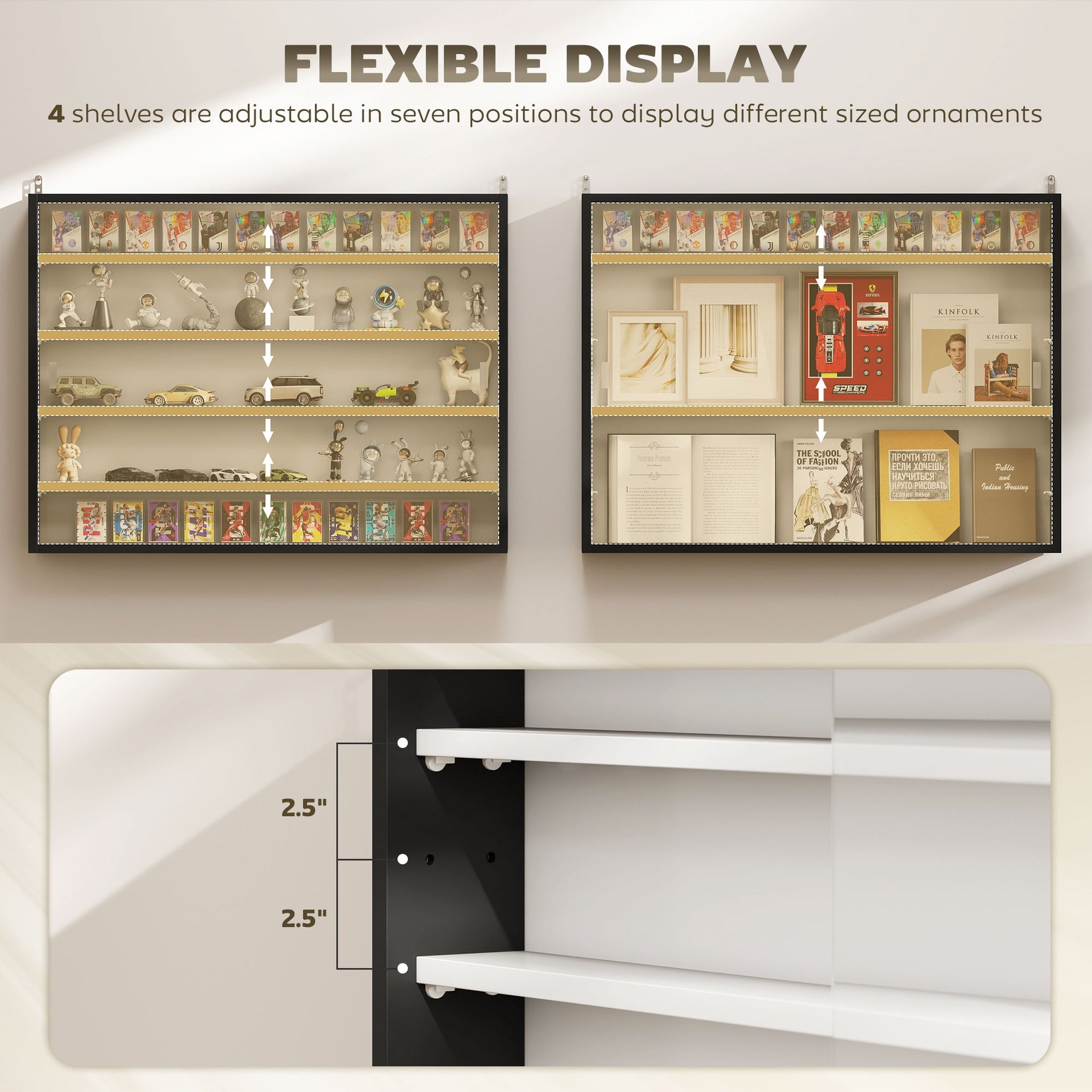 HOMCOM 5-Tier Display Cabinet, Wall-Mounted Display Case with 2 Glass Doors and Adjustable Shelves, Black