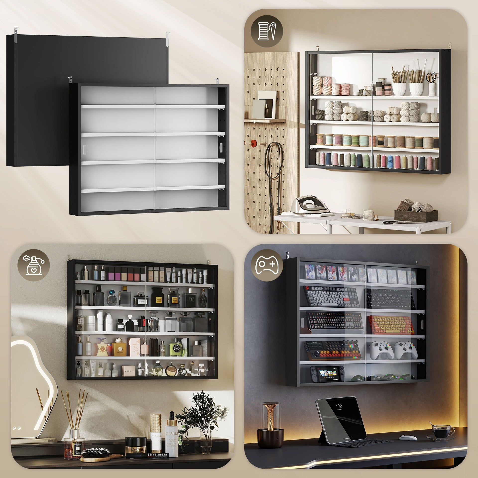 HOMCOM 5-Tier Display Cabinet, Wall-Mounted Display Case with 2 Glass Doors and Adjustable Shelves, Black