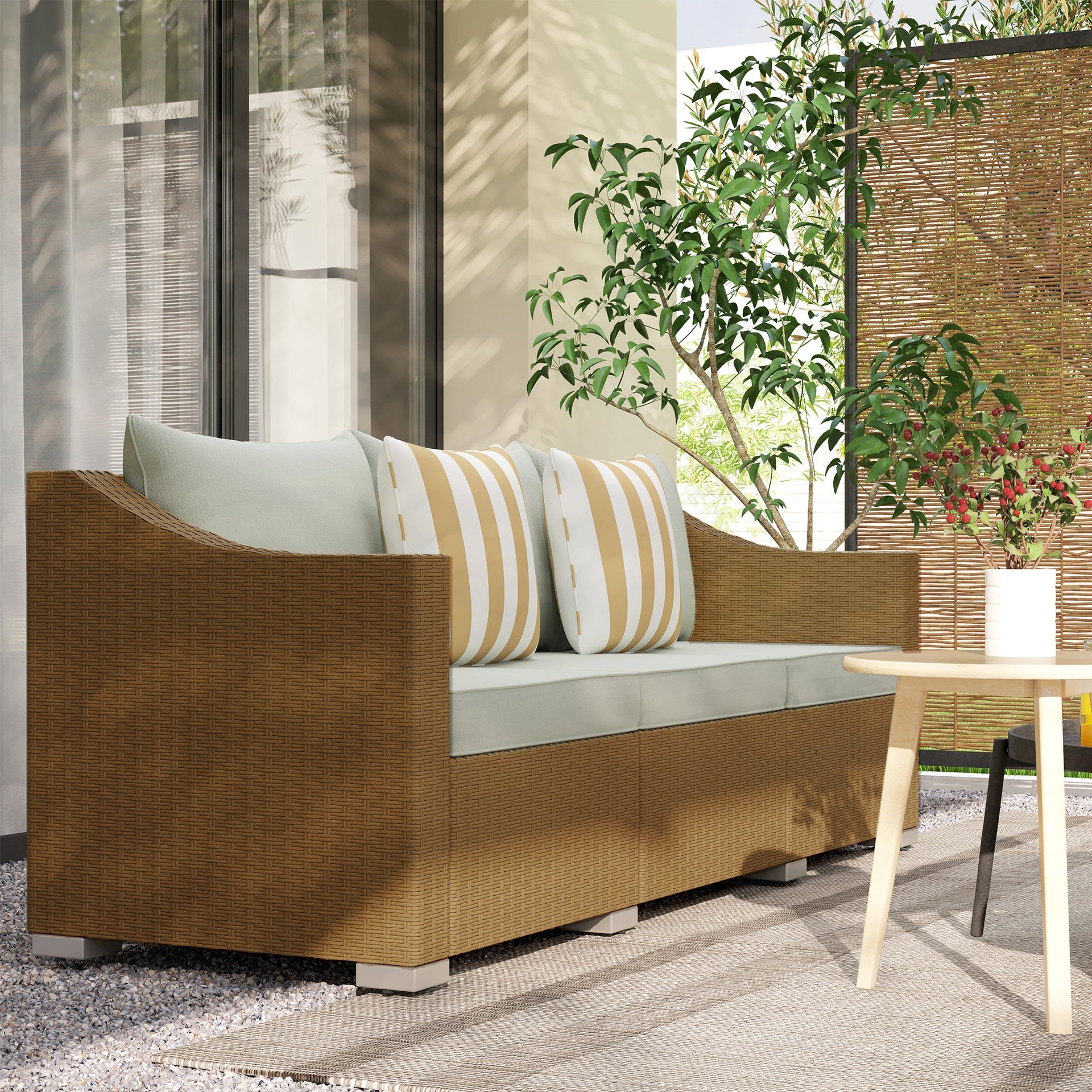 Outsunny Rattan Wicker 3 Seater Patio Couch with Cushions, 2 Throw Pillows, Outdoor Furniture Rattan Sofa, Light Gray