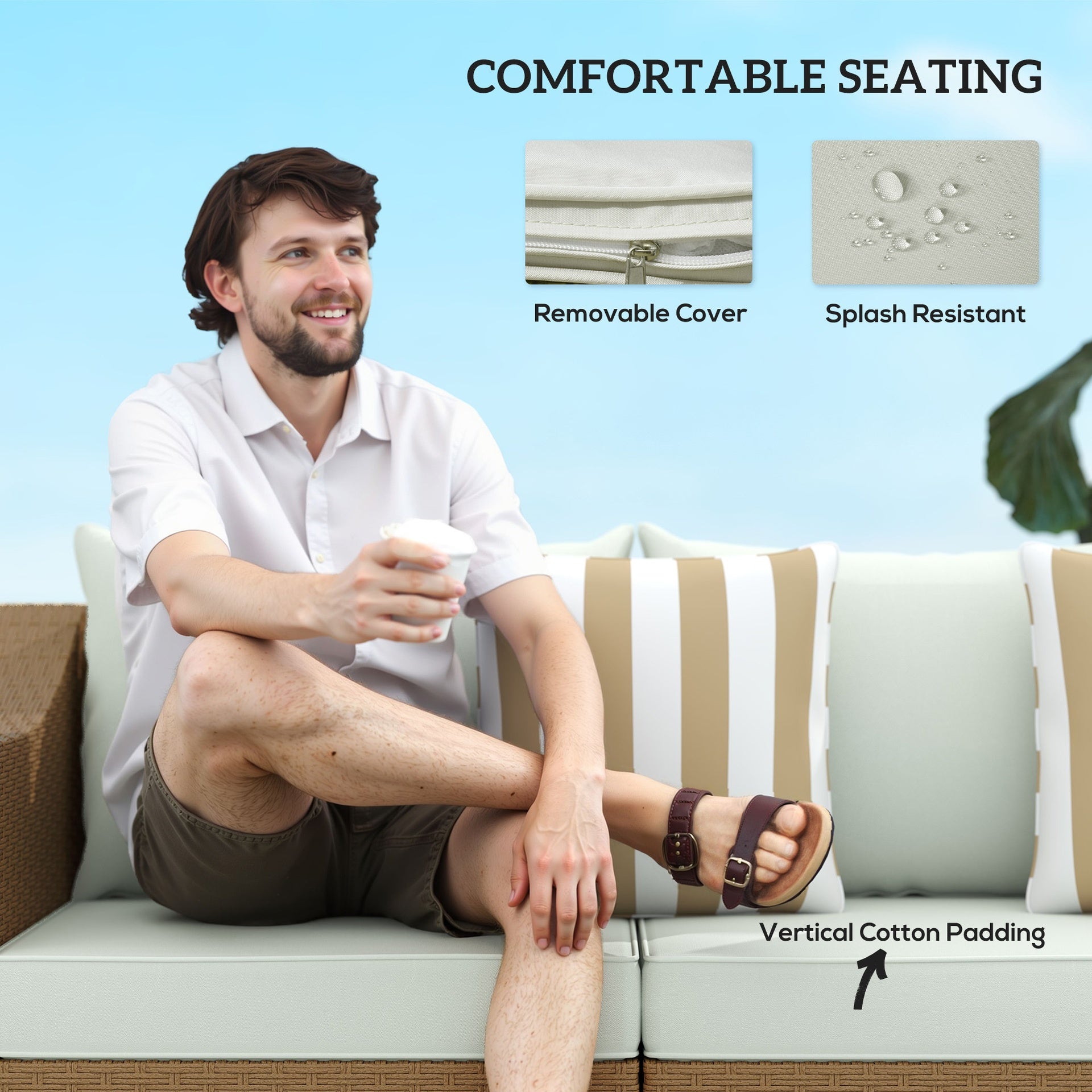 Outsunny Rattan Wicker 3 Seater Patio Couch with Cushions, 2 Throw Pillows, Outdoor Furniture Rattan Sofa, Light Gray
