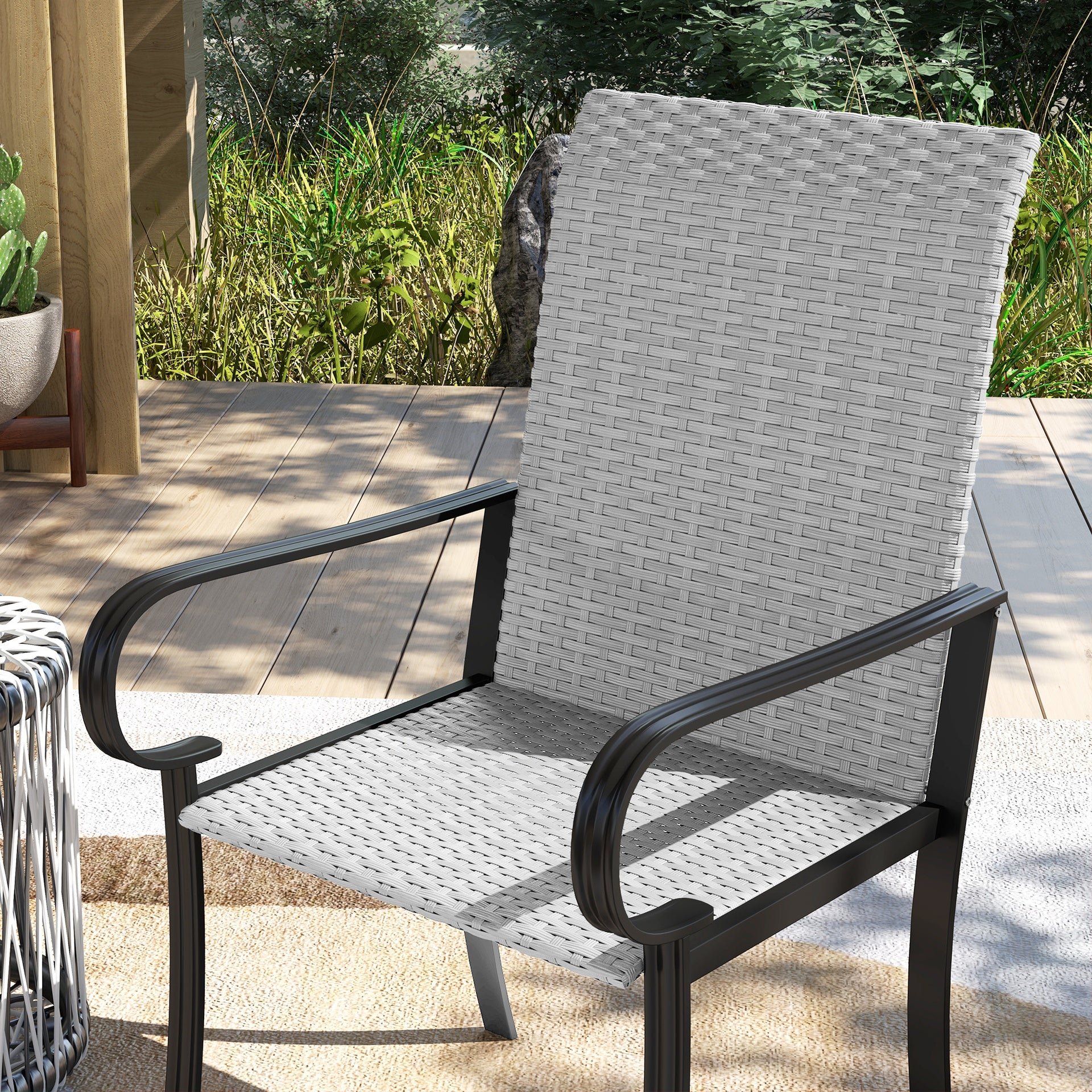 Outsunny Set of 4 Outdoor Wicker Dining Chairs with Armrest, Steel Frame, High Back and Deep Seating, Gray