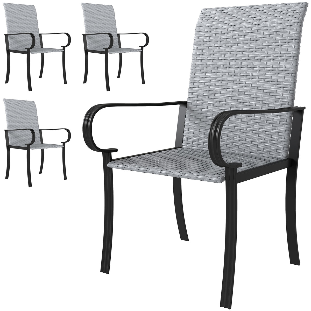 Outsunny Set of 4 Outdoor Wicker Dining Chairs with Armrest, Steel Frame, High Back and Deep Seating, Gray